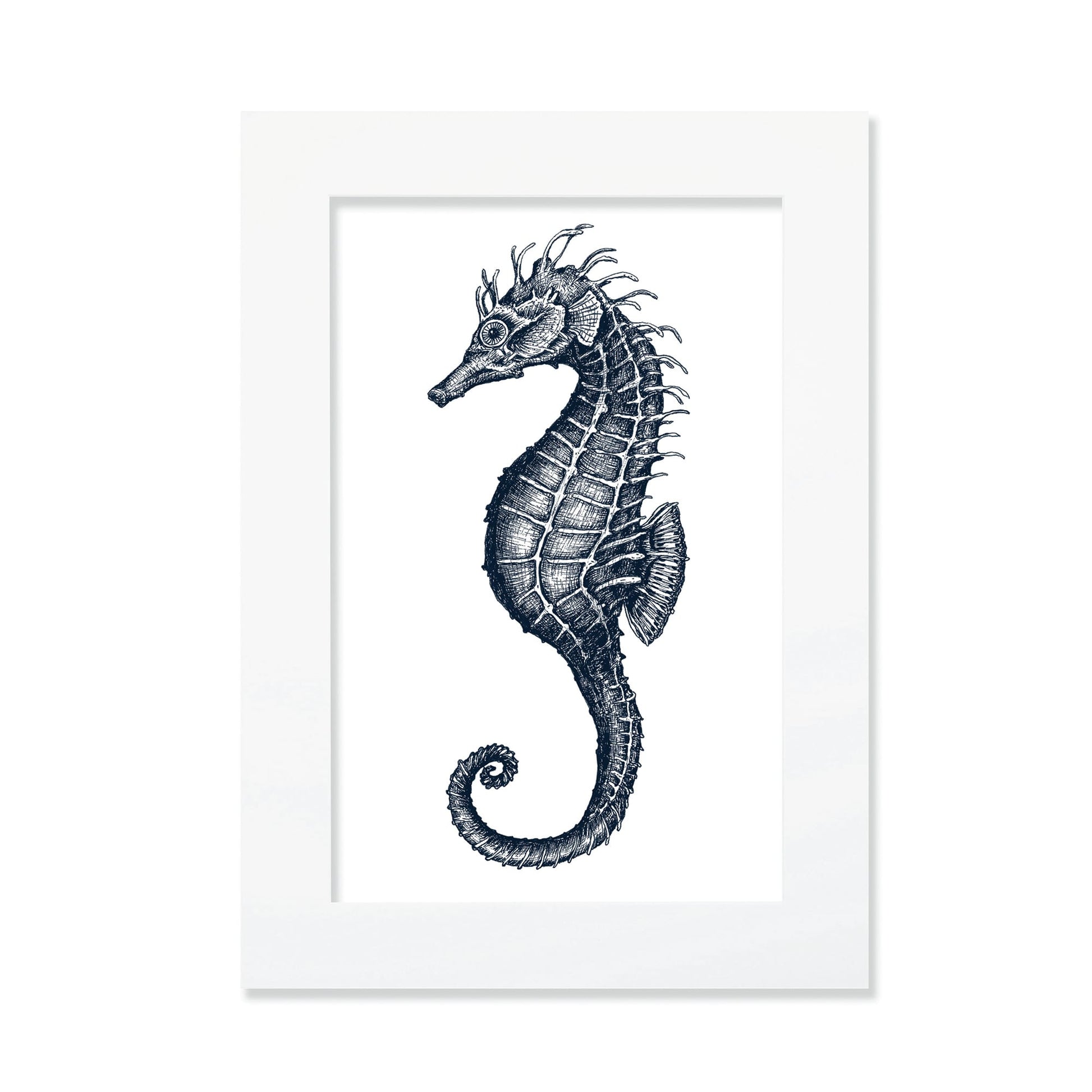 An A3 mounted blue-and-white illustration of a seahorse, intricately detailed with fine lines and shading, set against a white background in a white mount.