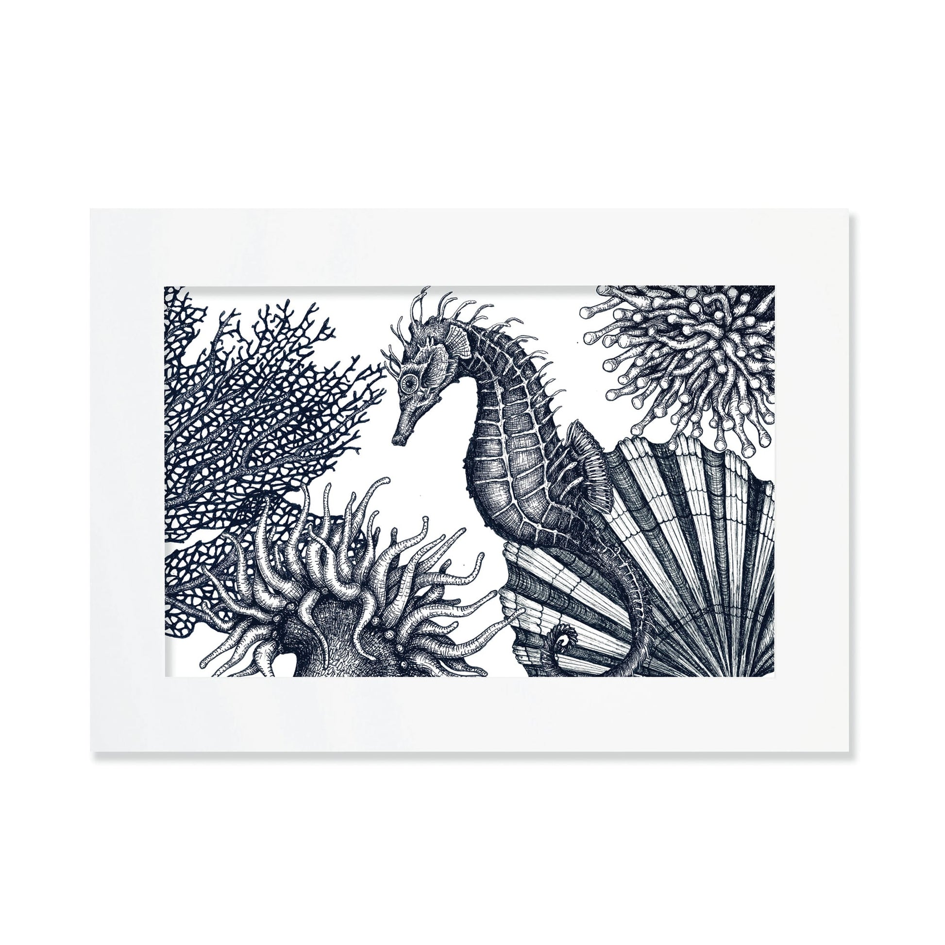 An A3 mounted blue-and-white illustration of an underwater seahorse scene, intricately detailed with fine lines and shading, set against a white background in a white mount and frame.