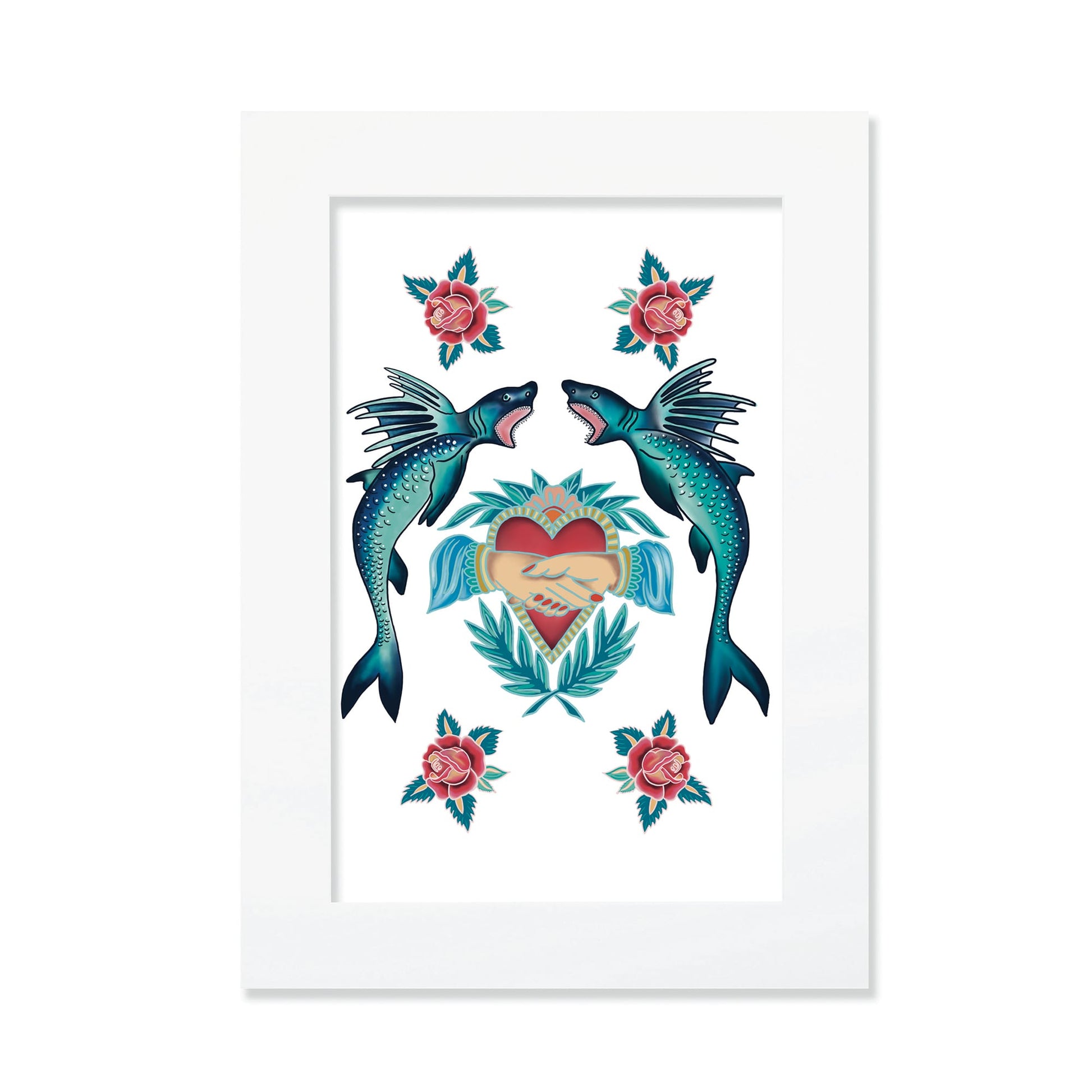 A framed A3 artwork featuring a symmetrical tattoo-style design with two blue-green flying fish, a central heart with clasped hands, and surrounding red roses and leaves, all set against a white background. The illustration blends nautical and vintage tattoo aesthetics.
