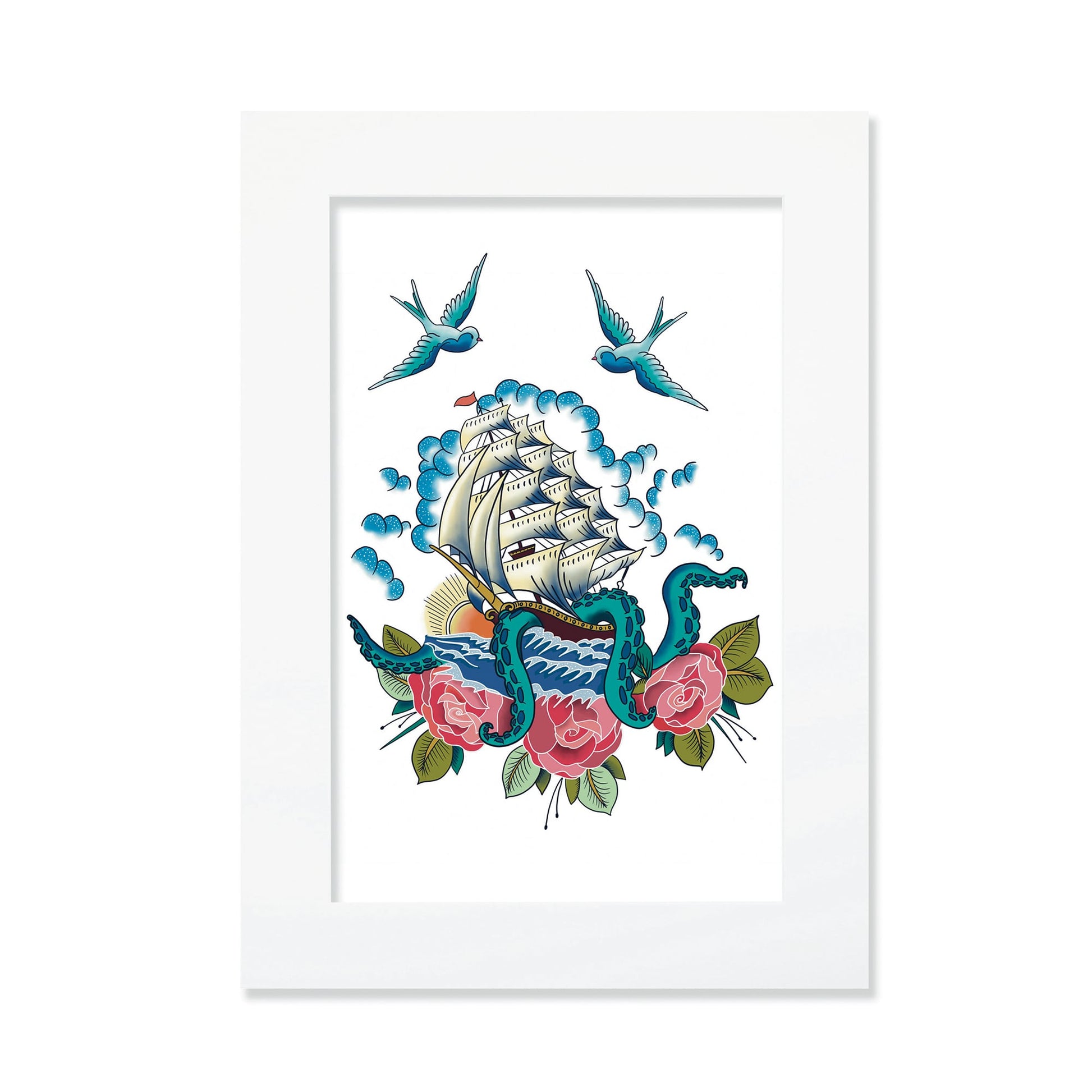 An A3 mounted nautical tattoo-style print featuring a lighthouse wrapped in a kraken’s tentacles, encircled by roses, swallows, and an anchor, set against a white background.