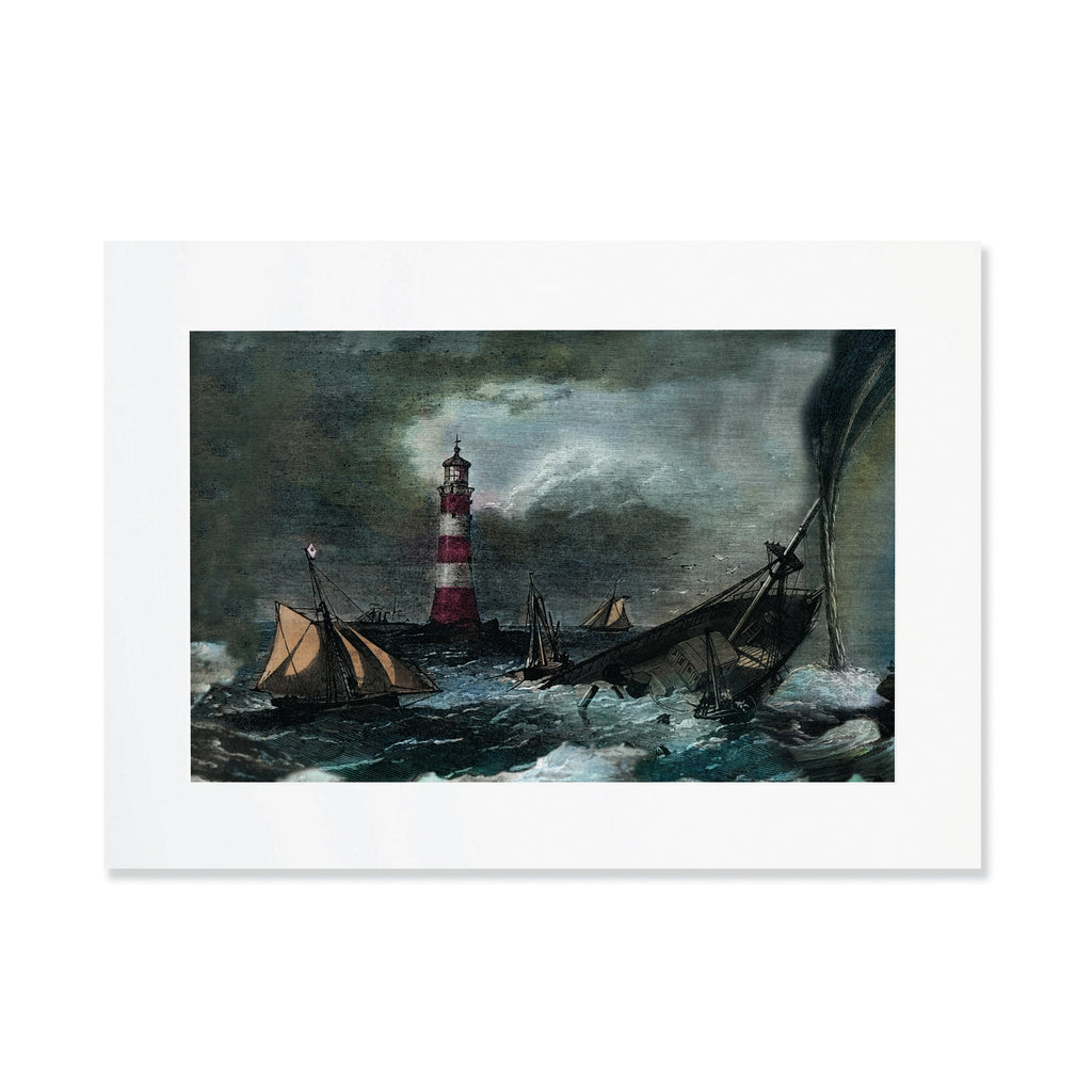 A A3 mounted print depicting a dramatic shipwreck scene with stormy seas and a red-and-white striped lighthouse. Several ships are caught in the tumultuous waves, with one ship sinking and another in peril. The chaotic scene is illuminated by flashes of lightning, and the dark clouds intensify the sense of danger.
