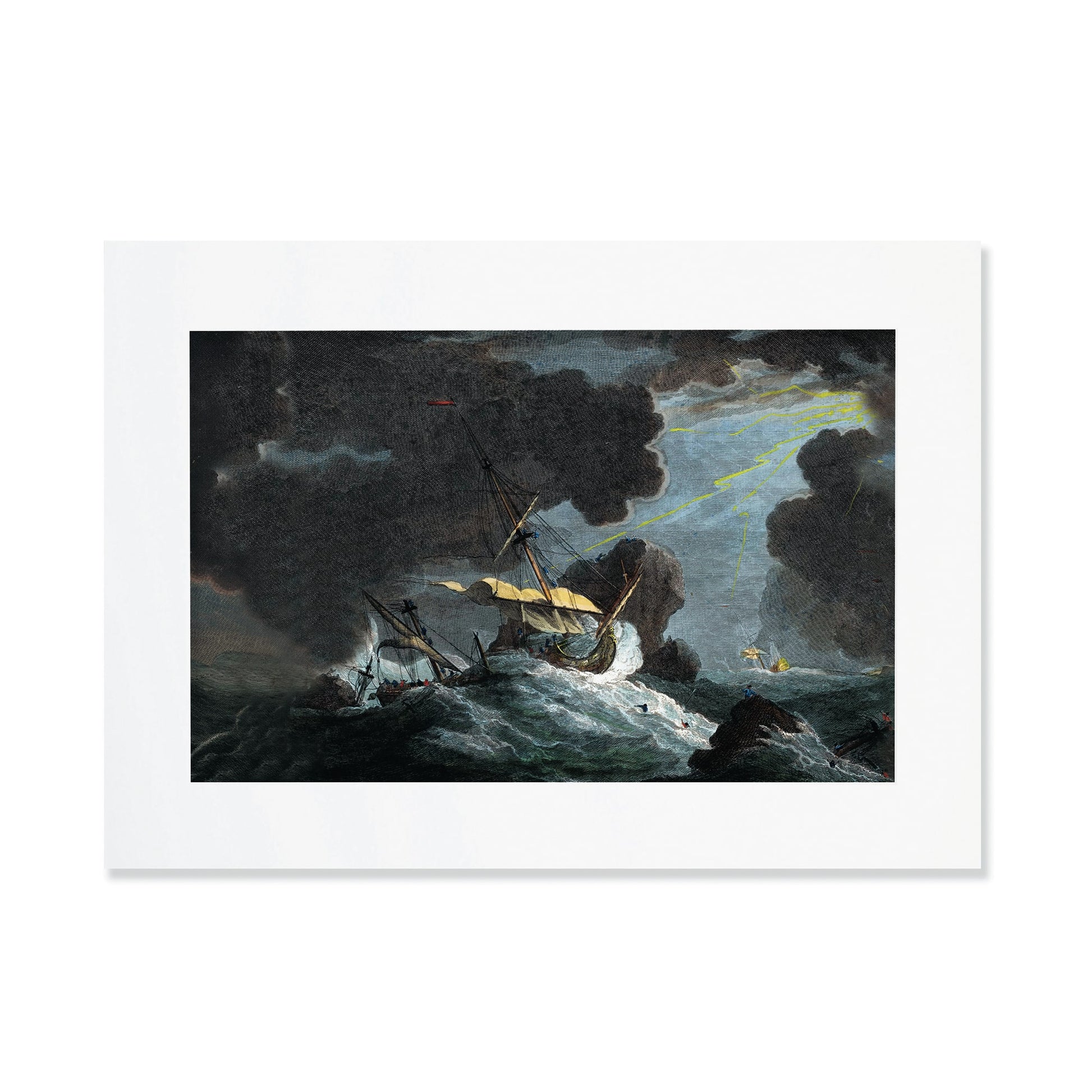 A3 mounted print of a dramatic shipwreck scene at night, with stormy seas, dark clouds, and a beam of light breaking through.
