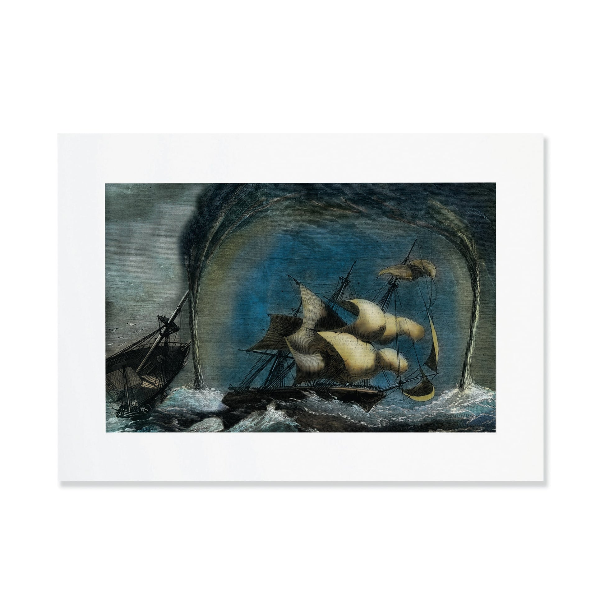 An A3 mounted illustrated dramatic maritime scene depicting a sailing ship caught in a fierce storm, with powerful waterspouts twisting down from dark, swirling clouds. The ship's sails billow as it struggles against the raging sea, while another vessel appears wrecked in the foreground, partially submerged. The illustration captures the raw power of nature and the peril faced by sailors in tumultuous waters.