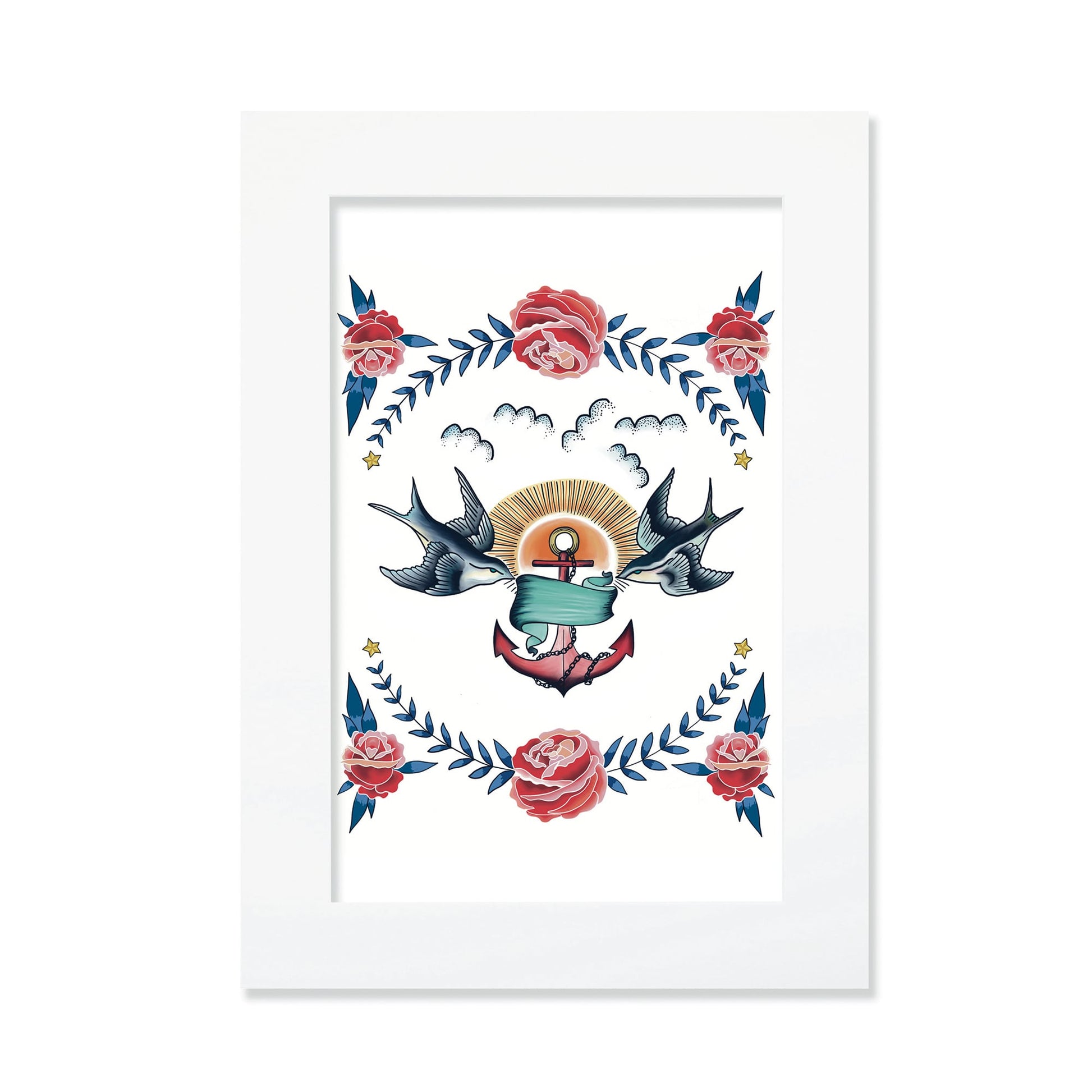 An A3 mounted tattoo-style print featuring two swallows flying around an anchor wrapped in a ribbon, with a radiant sun, clouds, and decorative red roses and blue foliage. The design is enclosed in a simple white mount.