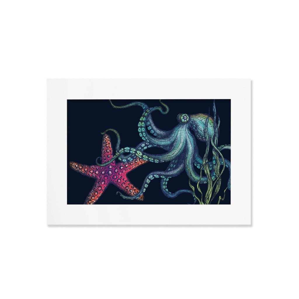 An A4 mounted illustration features a detailed octopus and a vibrant red starfish set against a dark navy background. The octopus has flowing tentacles with intricate blue and green shading, while seaweed sways around them. The print is enclosed in a simple white mat and frame.