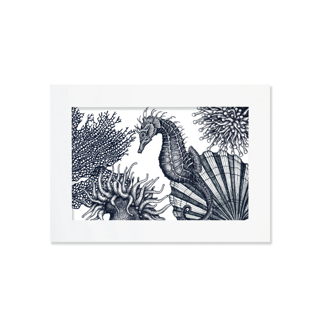 An A4 mounted blue-and-white illustration of an underwater seahorse scene, intricately detailed with fine lines and shading, set against a white background in a white mount and frame.