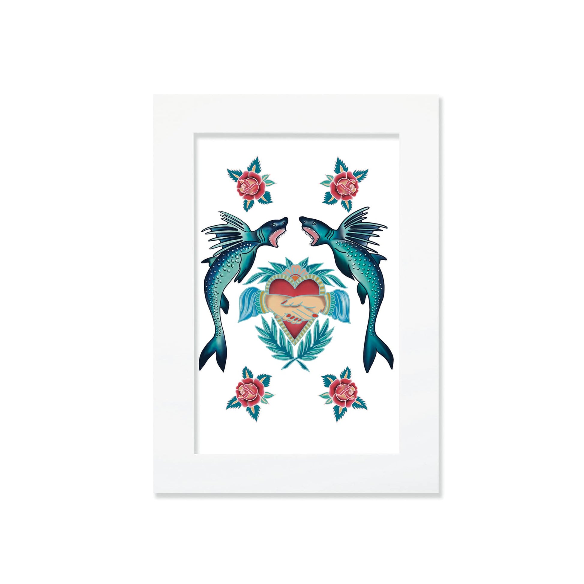 A framed A4 artwork featuring a symmetrical tattoo-style design with two blue-green flying fish, a central heart with clasped hands, and surrounding red roses and leaves, all set against a white background. The illustration blends nautical and vintage tattoo aesthetics.