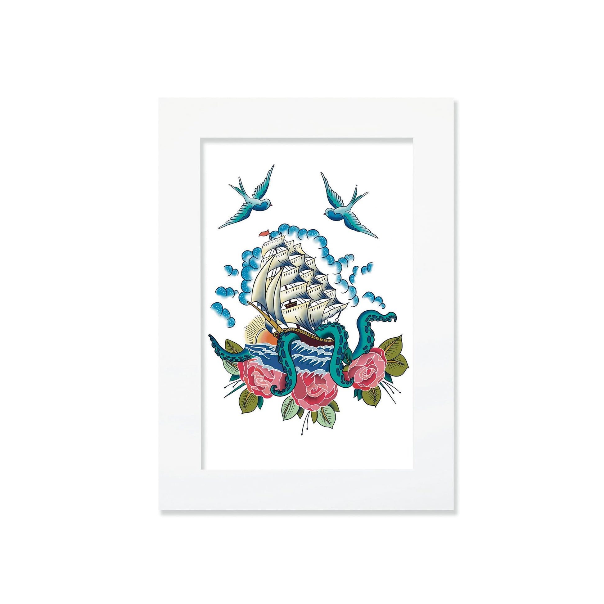 An A4 mounted nautical tattoo-style print featuring a lighthouse wrapped in a kraken’s tentacles, encircled by roses, swallows, and an anchor, set against a white background.
