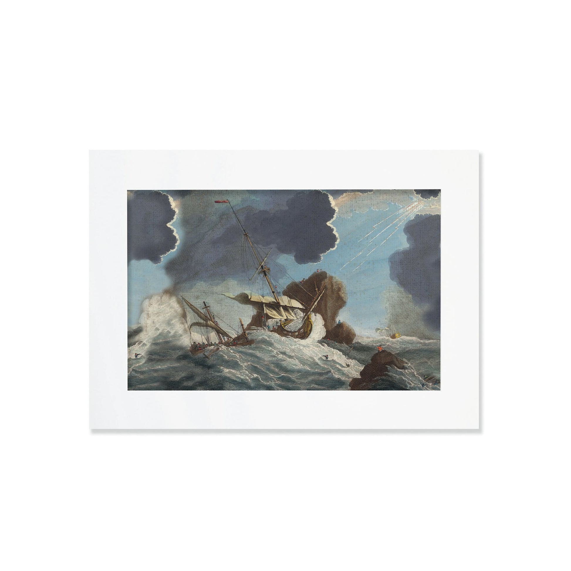 An A4 mounted vintage maritime painting depicting a dramatic shipwreck scene. A sailing ship is caught in a stormy sea, crashing against jagged rocks as dark clouds loom overhead. The turbulent waves and the distressed vessel create a sense of chaos and urgency. Sun rays break through the stormy sky, adding contrast to the intense seascape. The artwork is presented in a white frame, enhancing its classic and historical appeal.