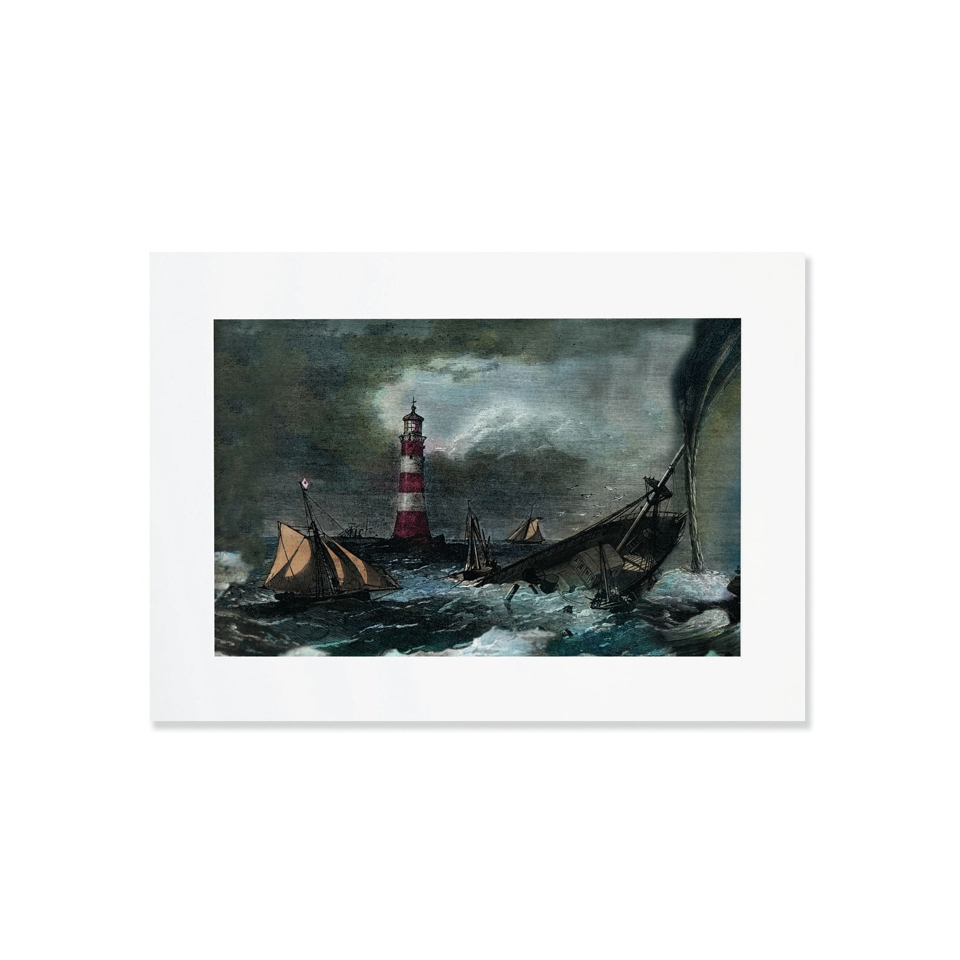 A A4 mounted print depicting a dramatic shipwreck scene with stormy seas and a red-and-white striped lighthouse. Several ships are caught in the tumultuous waves, with one ship sinking and another in peril. The chaotic scene is illuminated by flashes of lightning, and the dark clouds intensify the sense of danger.