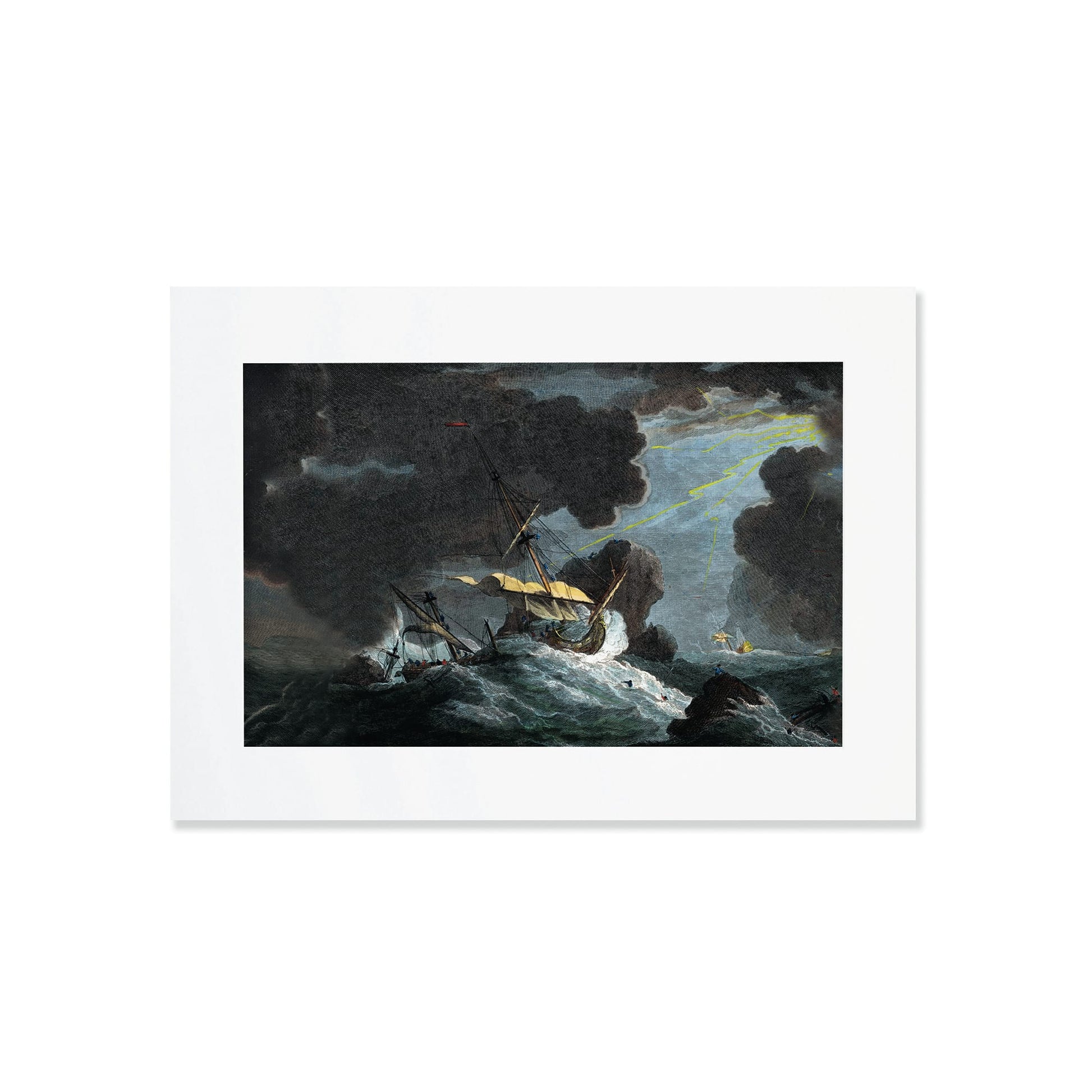 A4 mounted print of a dramatic shipwreck scene at night, with stormy seas, dark clouds, and a beam of light breaking through.