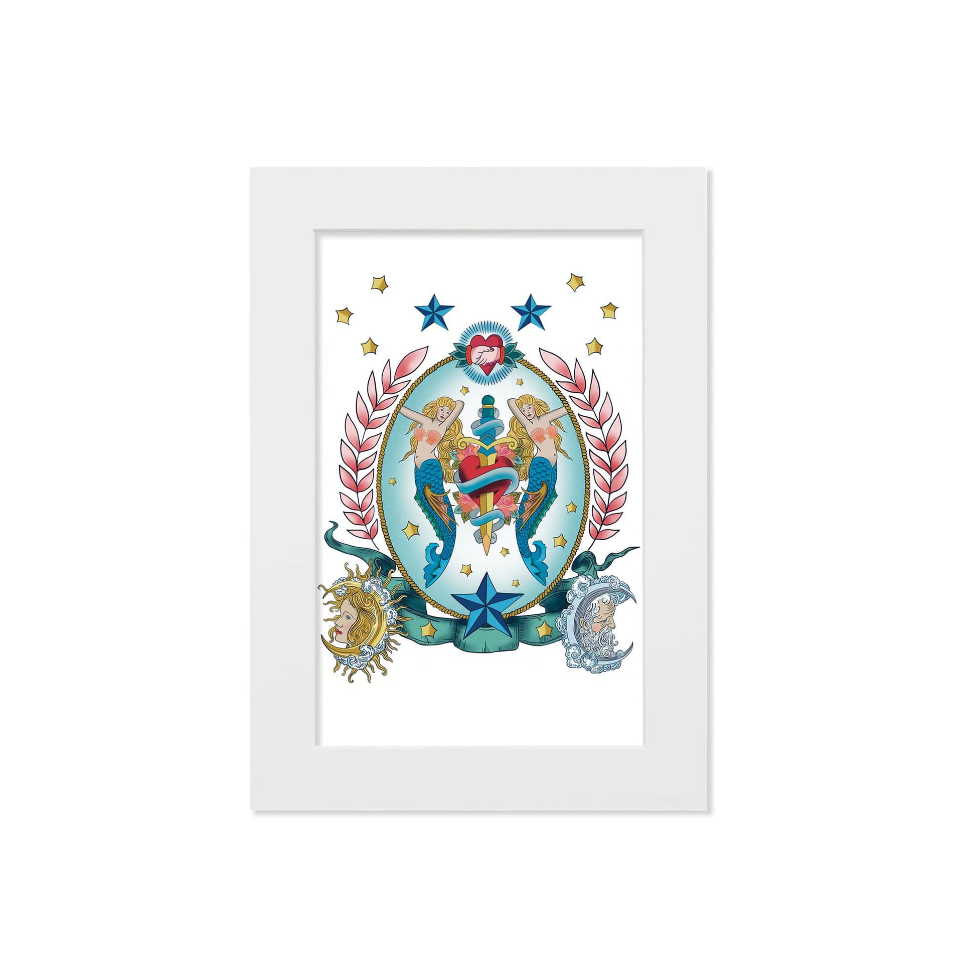 An A4 mounted illustration of two mirrored mermaids holding a heart-wrapped dagger, surrounded by nautical and celestial motifs. The artwork is adorned with golden stars, a radiant sun and moon, laurel leaves, and an anchor at the base. The mermaids have flowing golden hair and are set against a blue gradient background, evoking a vintage tattoo-inspired aesthetic. The frame is white with a clean, modern mount.