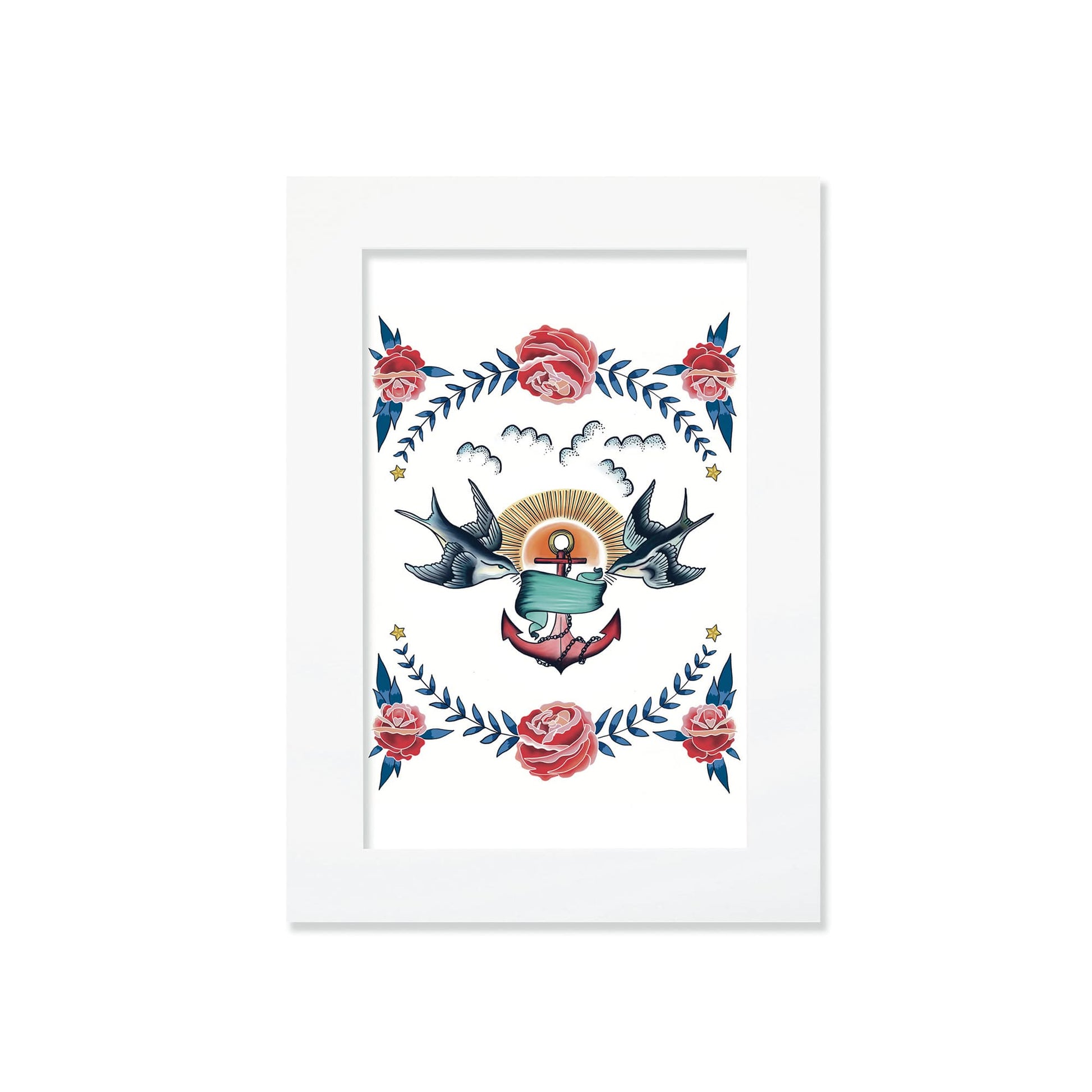 An A4 mounted tattoo-style print featuring two swallows flying around an anchor wrapped in a ribbon, with a radiant sun, clouds, and decorative red roses and blue foliage. The design is enclosed in a simple white mount.