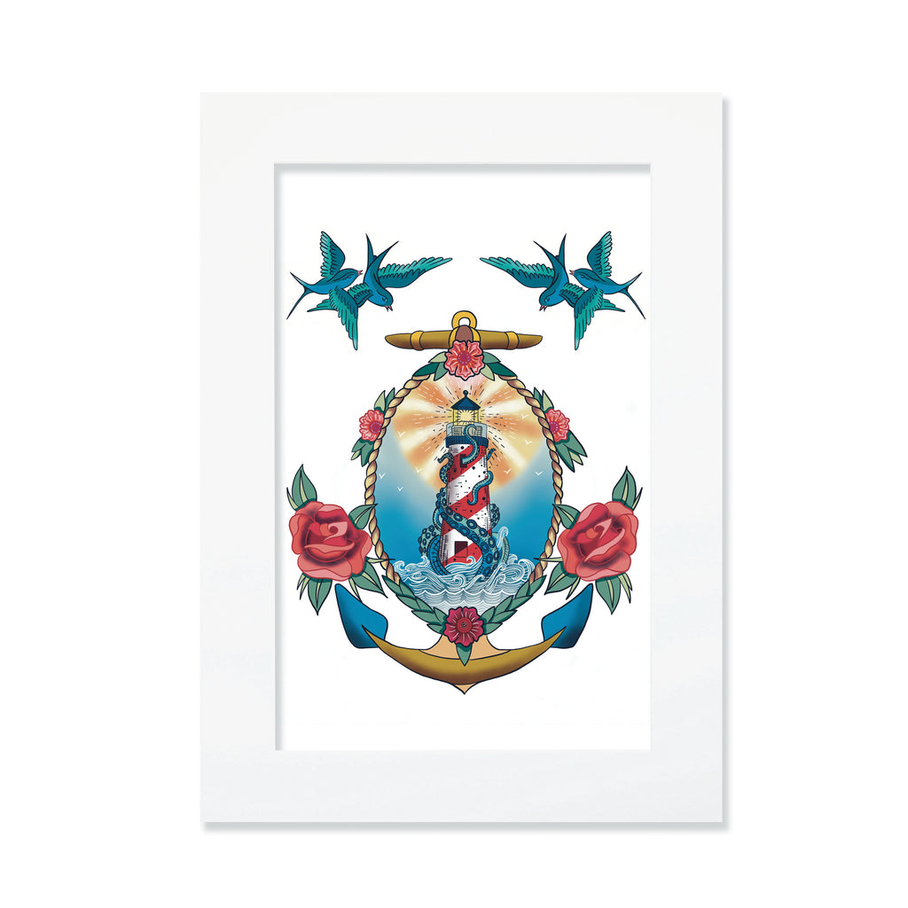 An A4 mounted nautical tattoo-style illustration features a lighthouse wrapped in a kraken’s tentacles, encased within a decorative anchor adorned with roses. Two swallows fly above, completing the maritime theme.