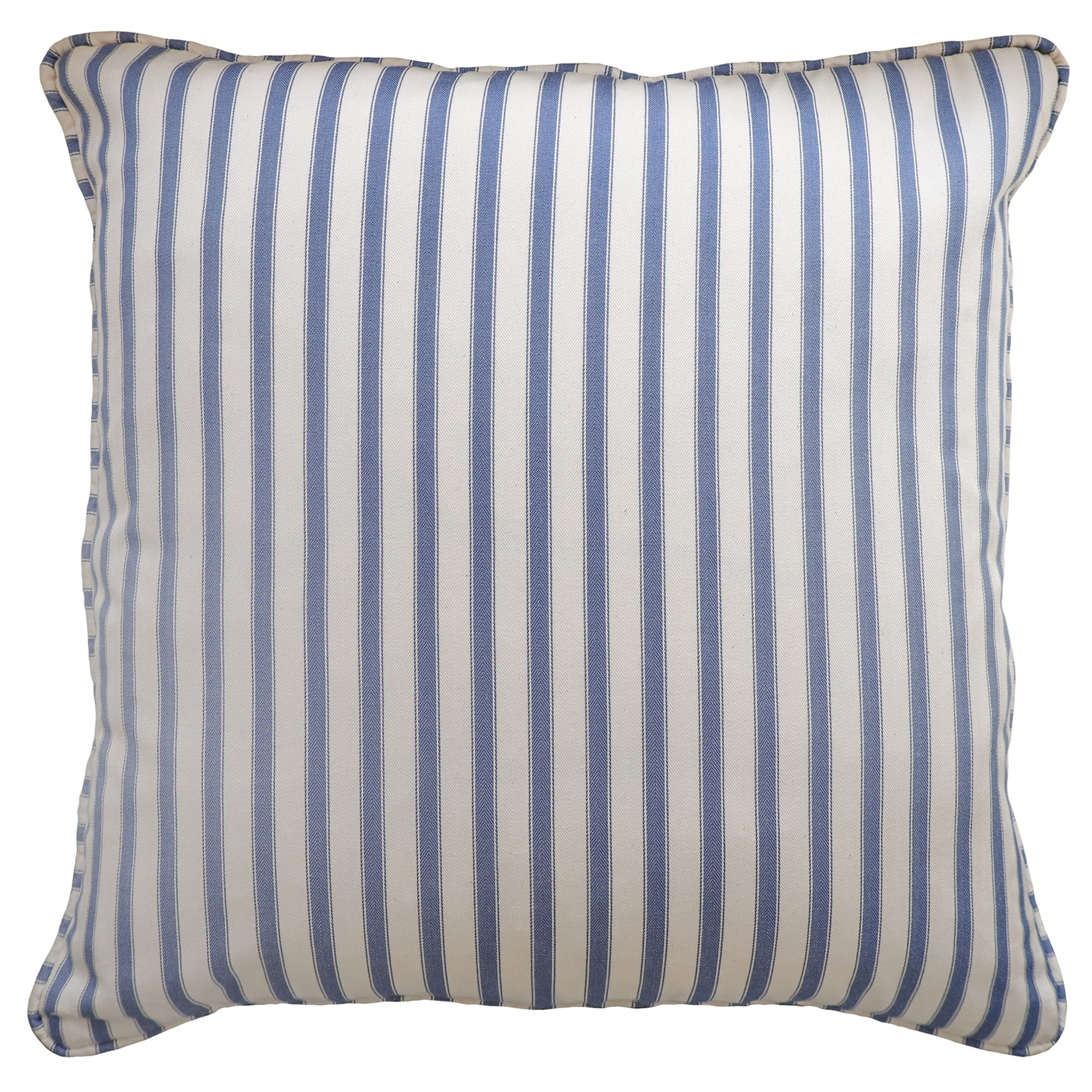 Striped pillow with airforce and white vertical stripes on a white background.