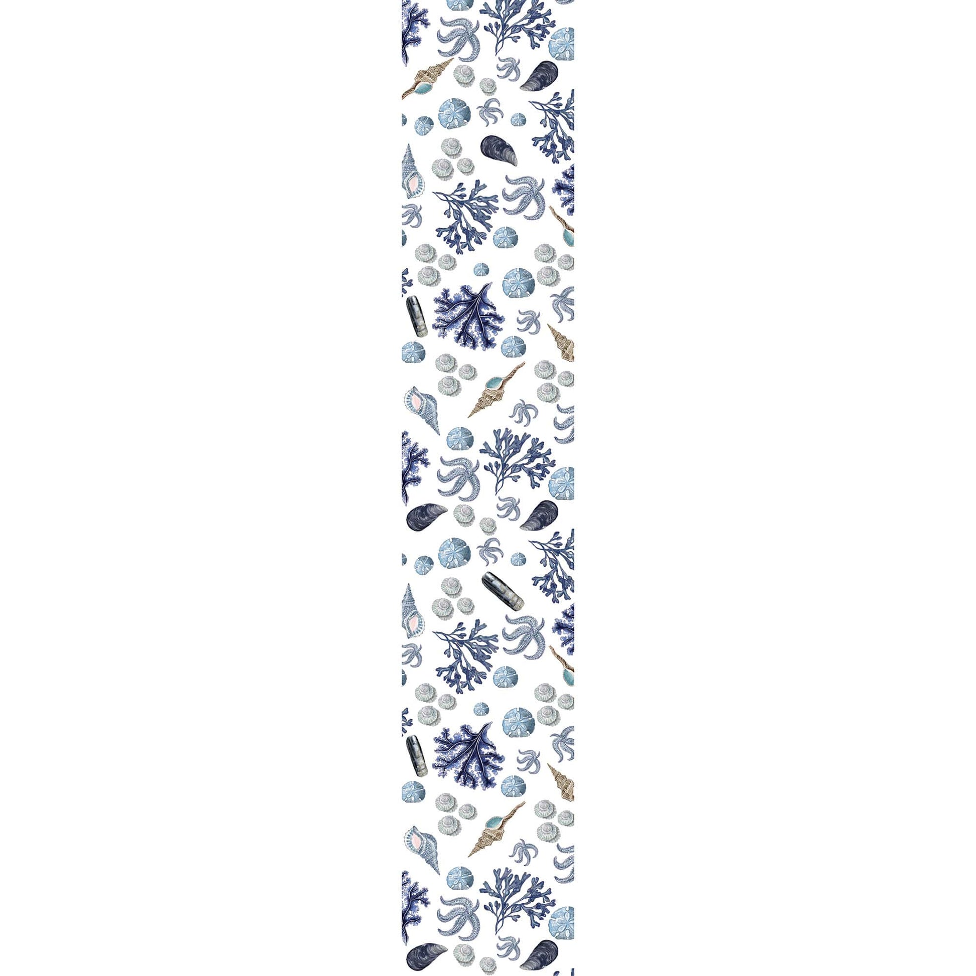 Cotton and Linen mix table runner with hand drawn illustrations with our Rockpool design of Sea life and Shells in shades of Blue laid out flat