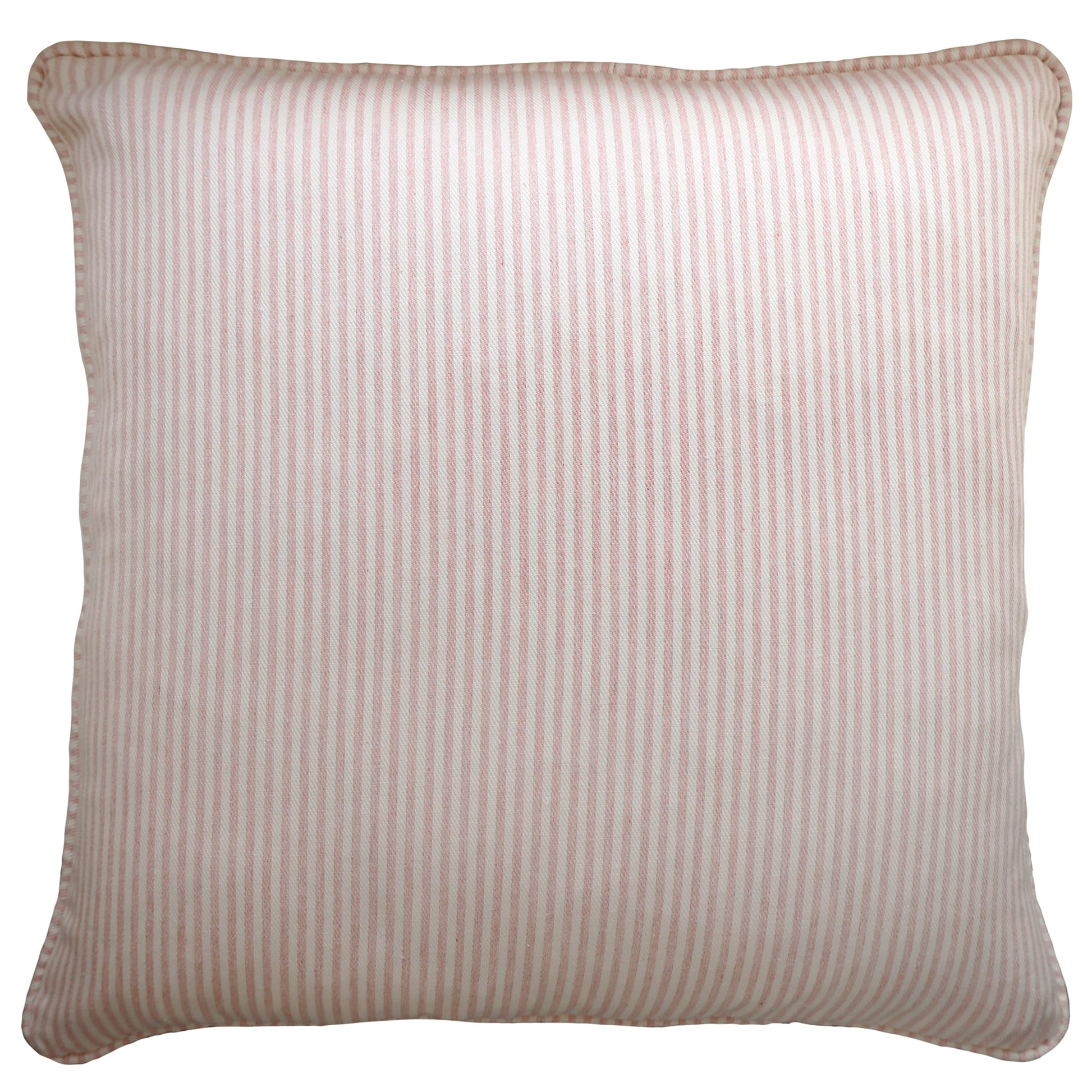 Striped pillow in pale pink and off white on a white background