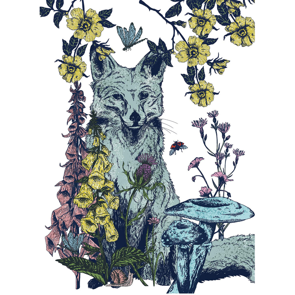 Illustrated tea towel design featuring a fox surrounded by woodland elements, including foxgloves, yellow flowers, thistles, mushrooms, and climbing vines. The composition includes a butterfly, ladybird, and snail, with a detailed nature-inspired aesthetic in shades of green, yellow, pink, and blue on a white background.