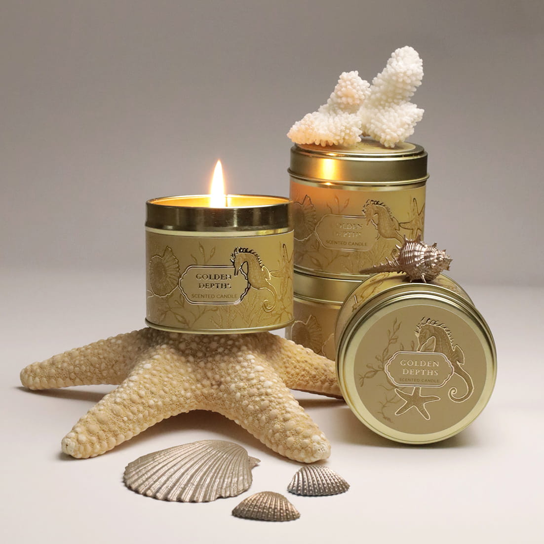 Decorative candles in gold tins with a starfish and shells on a neutral background