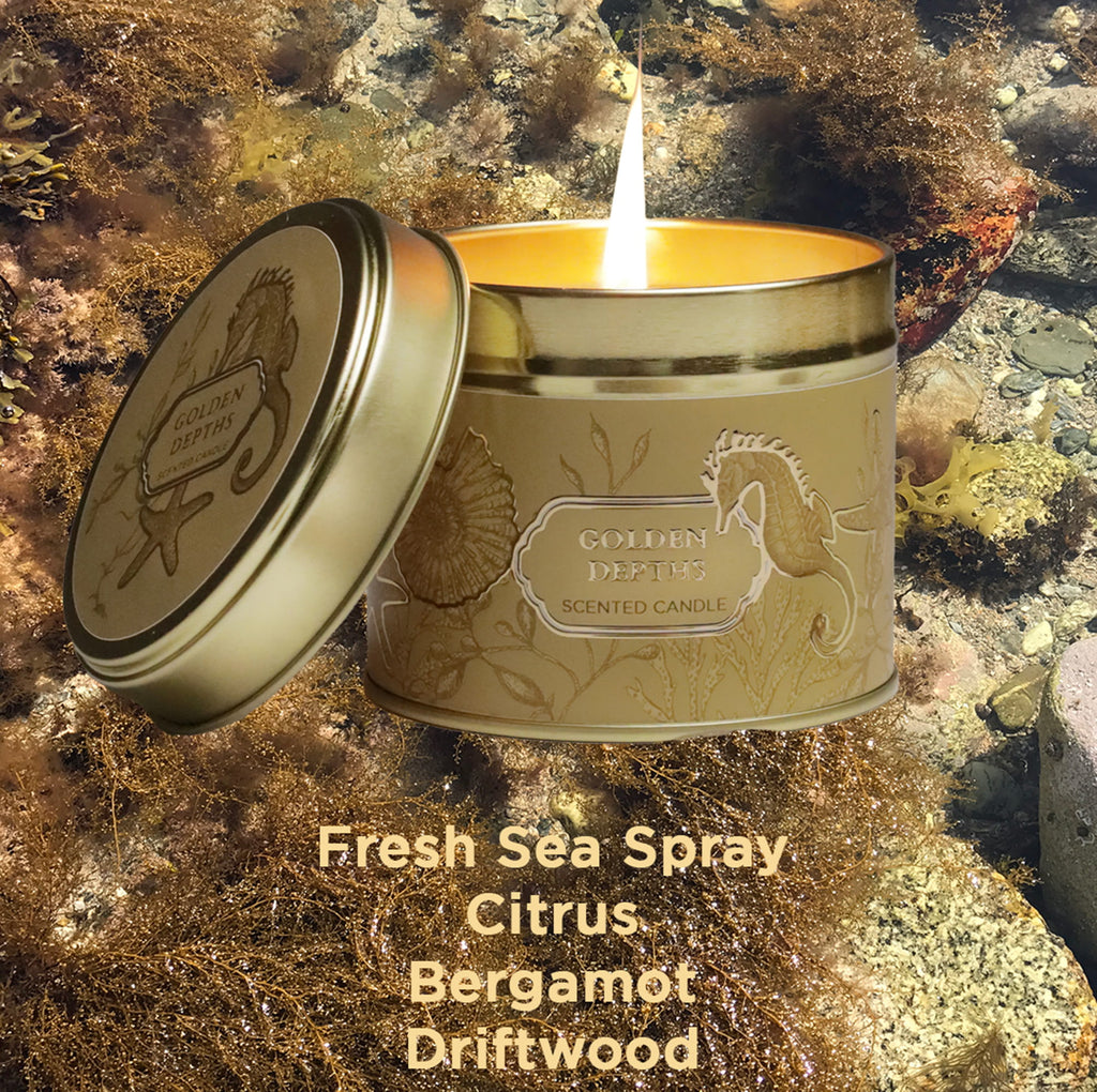 Scented candle in a decorative tin with a lid on a natural background