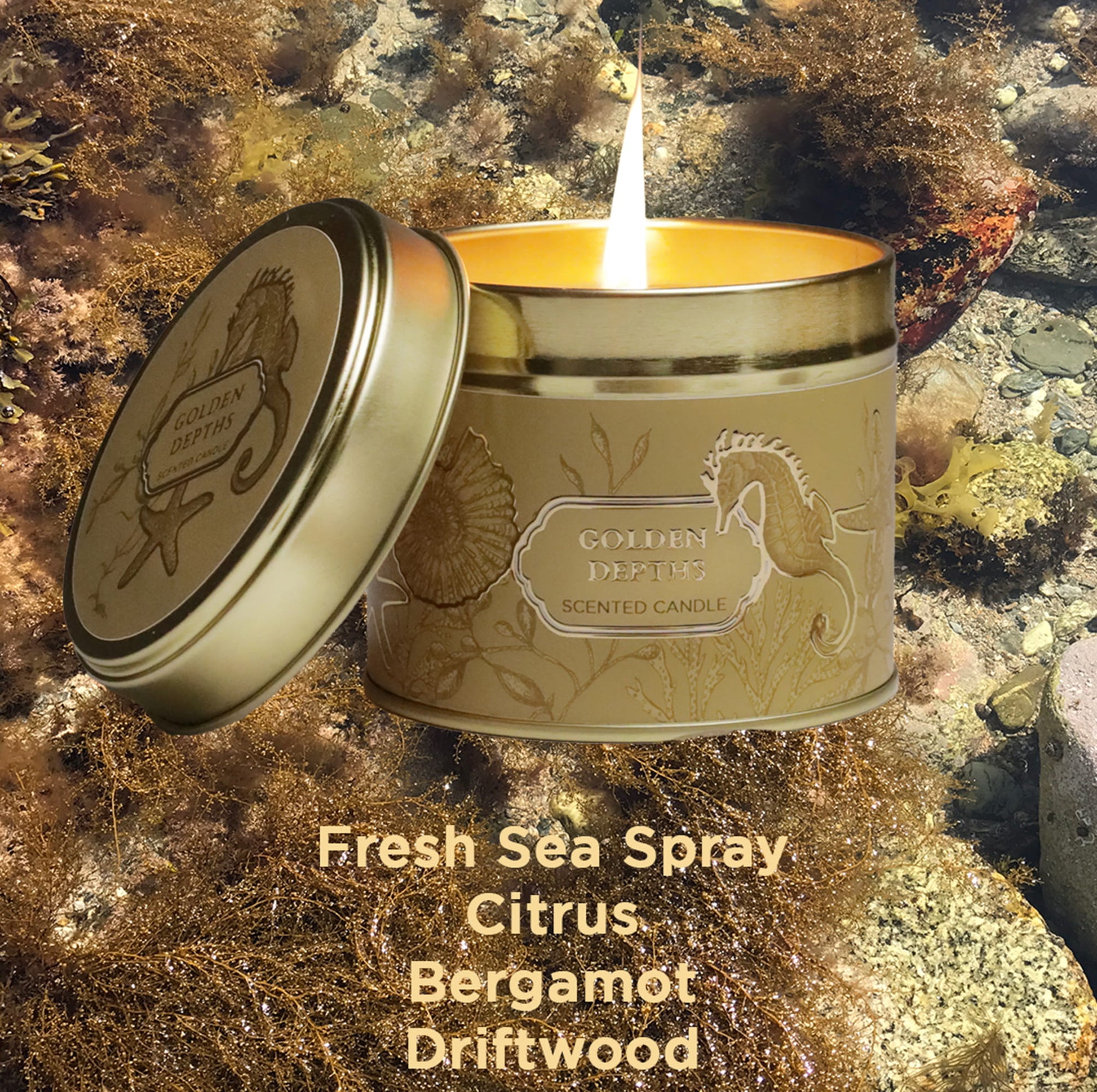 Scented candle in a decorative tin with a lid on a natural background