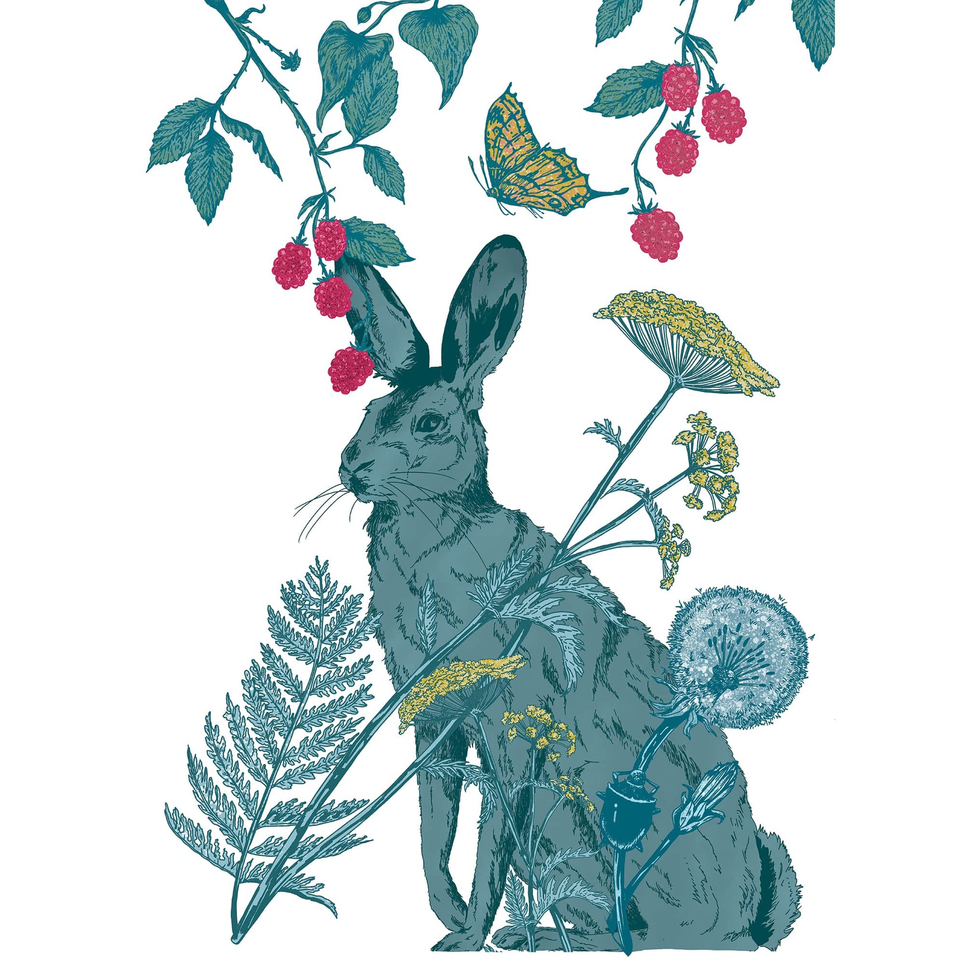 Illustrated tea towel design featuring a hare surrounded by wildflowers, ferns, dandelions, and raspberry vines. A butterfly flutters above, adding a whimsical touch to the nature-inspired composition in shades of green, yellow, and red on a white background.