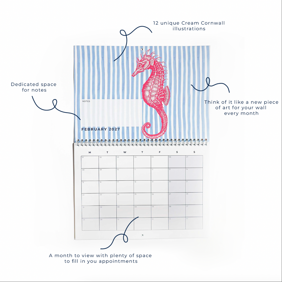 Cream Cornwall 2027 wall calendar open to February, featuring a red seahorse illustration on blue and white stripes, with month-to-view planner, notes section and space for appointments.