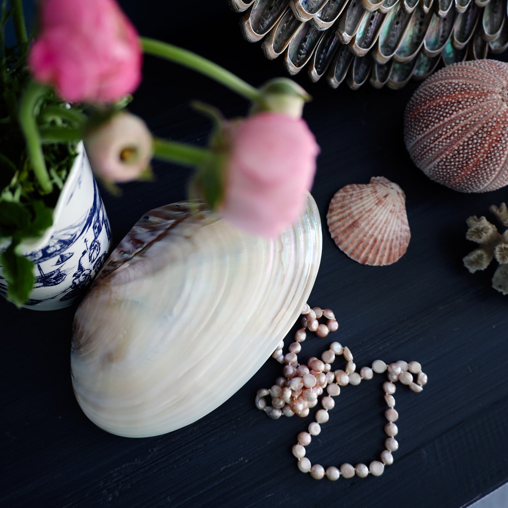 A decorative shell-shaped trinket box made of glossy, iridescent mother-of-pearl sits closed on a dark wooden surface. A pink pearl necklace spills from its side, and nearby are pink ranunculus flowers in a blue and white illustrated jug, sea urchin shells, coral, and part of a round abalone mirror in the background. The scene evokes a coastal, vintage elegance.