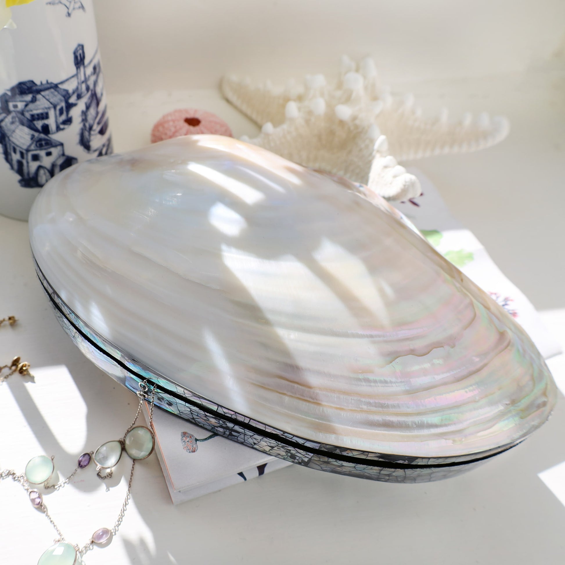 A glossy abalone shell trinket box rests on a sunlit white surface beside a white starfish, a pink sea urchin shell, and a vase of white daffodils with yellow centers. A few pieces of delicate gemstone jewelry with green and purple stones are scattered nearby, creating a bright and coastal-inspired vignette.