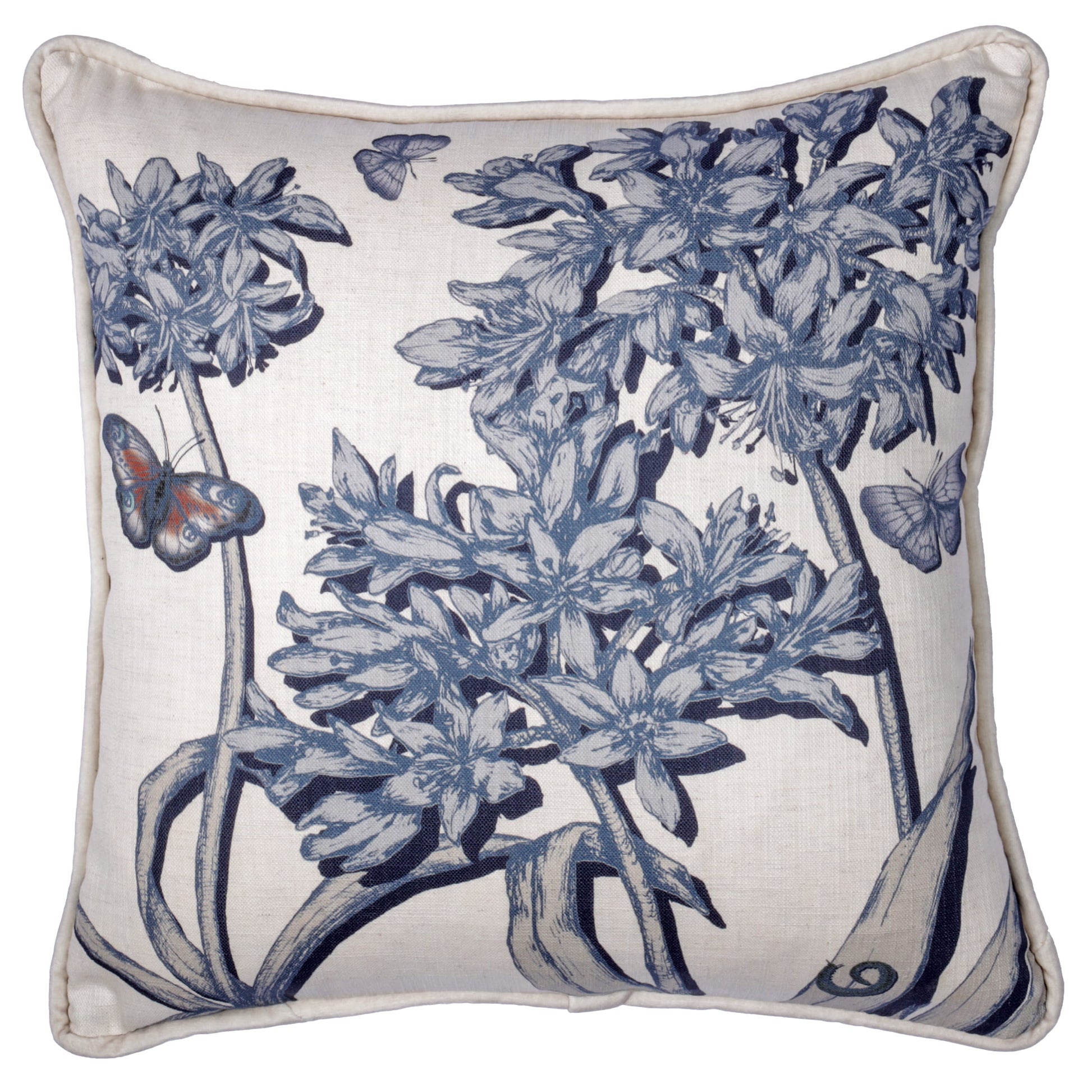 Decorative pillow with blue agapanthus floral design on a white background