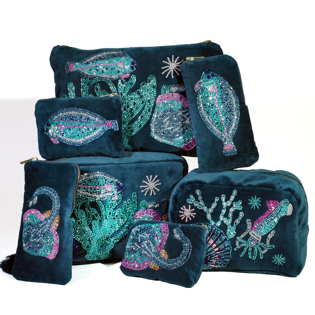 Velvet Beaded Flat Fish & Skate Pouch Bag