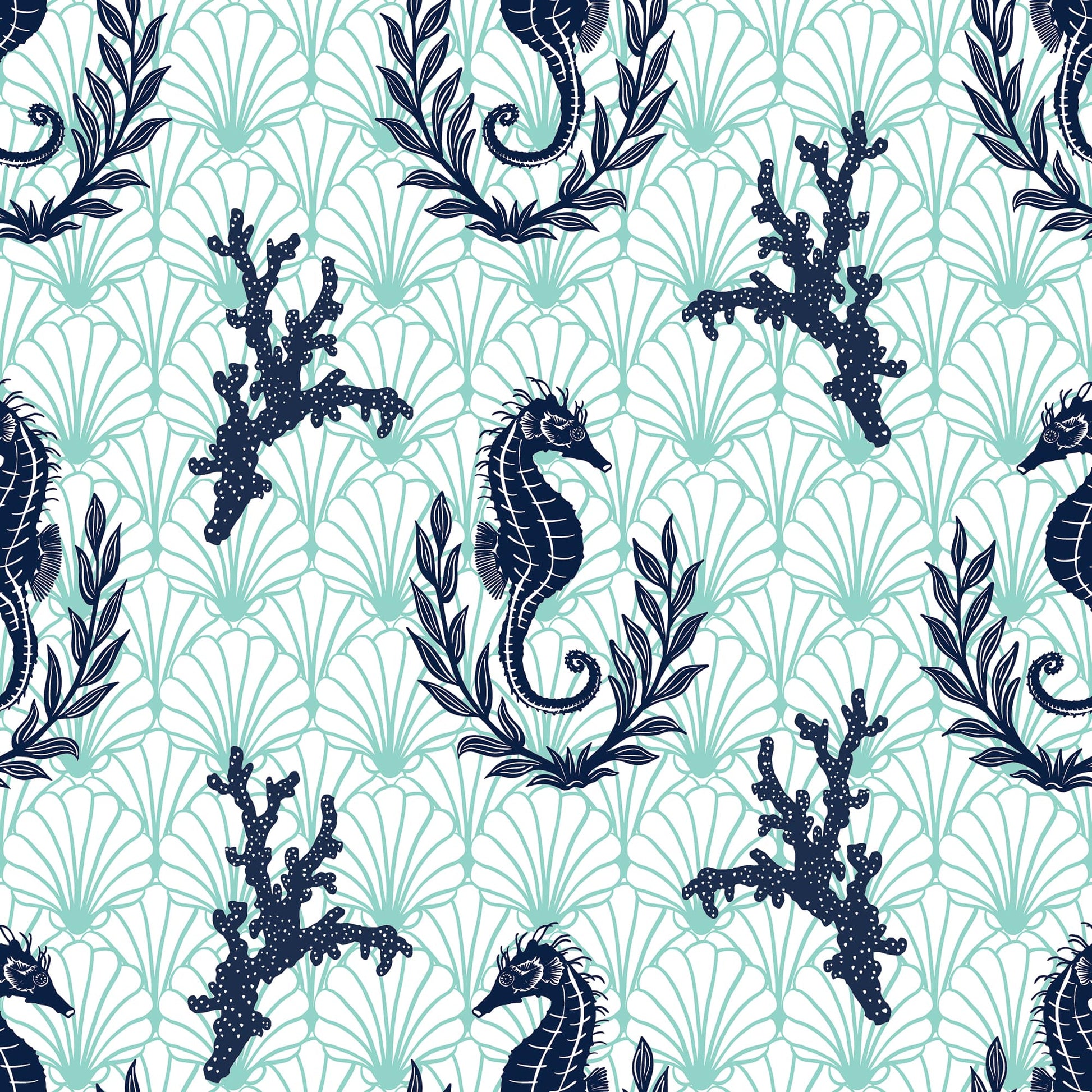 Seahorse and coral pattern on a teal and white background