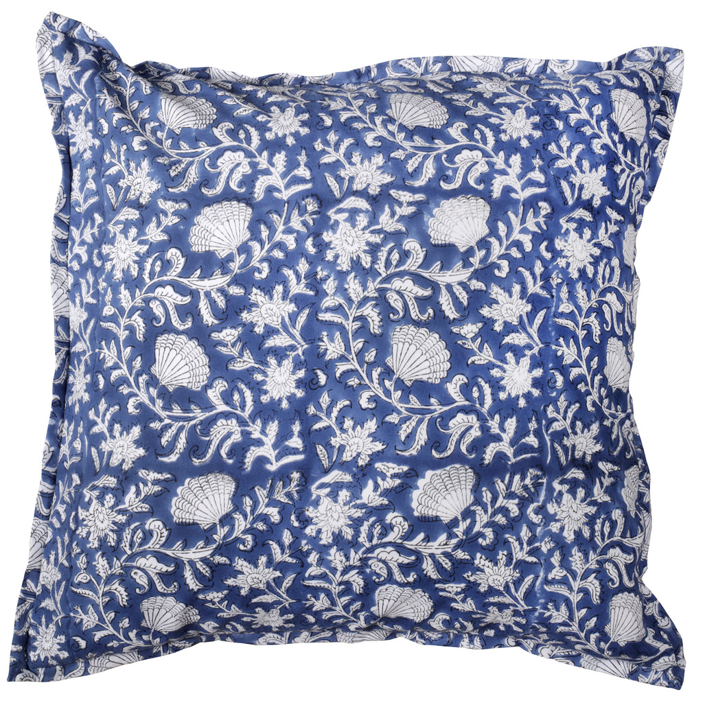 A square cushion cover with a blue and white floral design featuring intricate botanical patterns and shell-like motifs. The fabric has a slightly crinkled texture, and the edges of the cover are slightly ruffled.