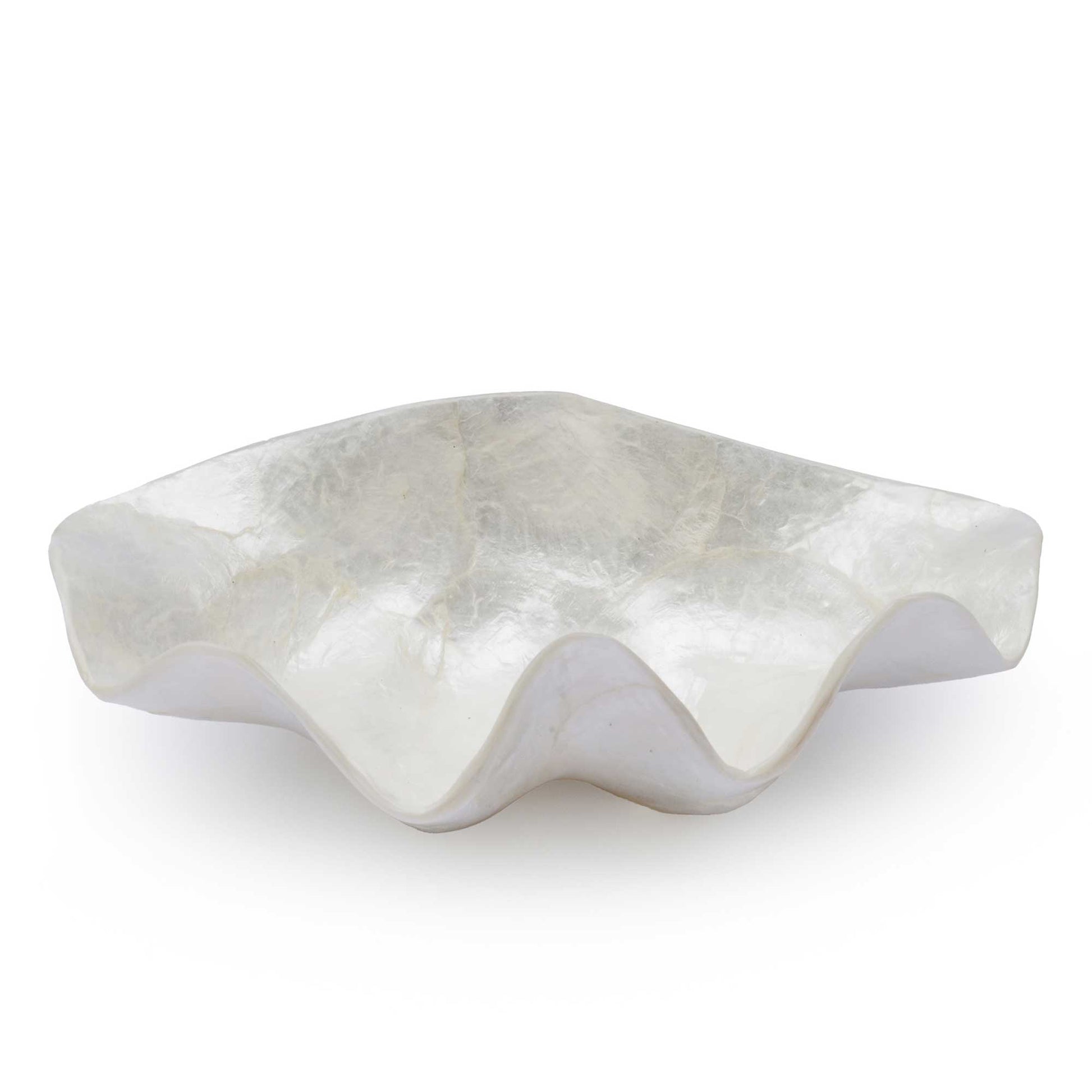 A wavy, clam-shell shaped decorative tray made of polished white mother-of-pearl or opal, shown on a clean white background.