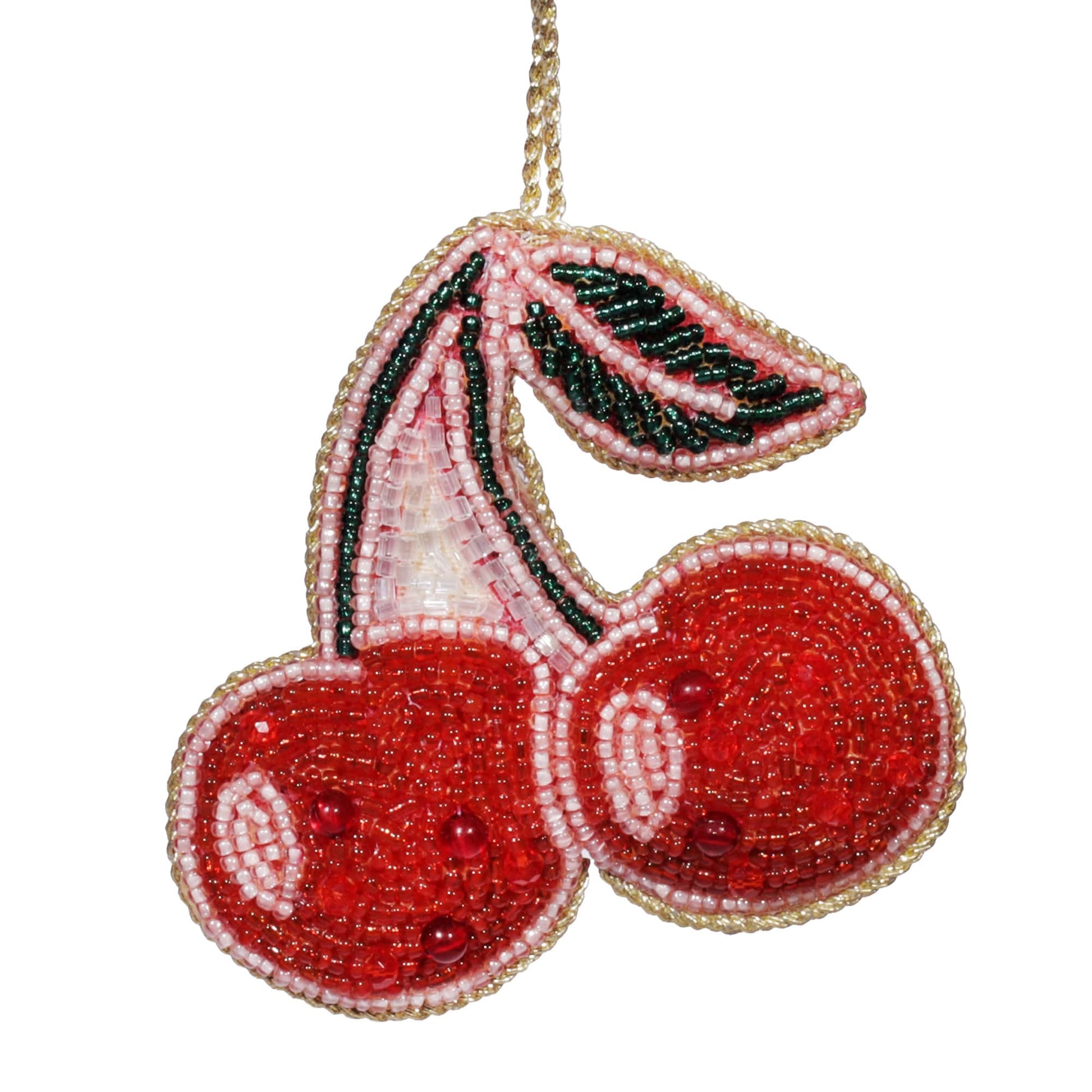 Hand-beaded cherry ornament featuring vibrant red, green, and pink beads with intricate detailing. This trendy decoration adds a bold and playful touch, perfect for chic home decor or as a quirky gift with retro vibes.