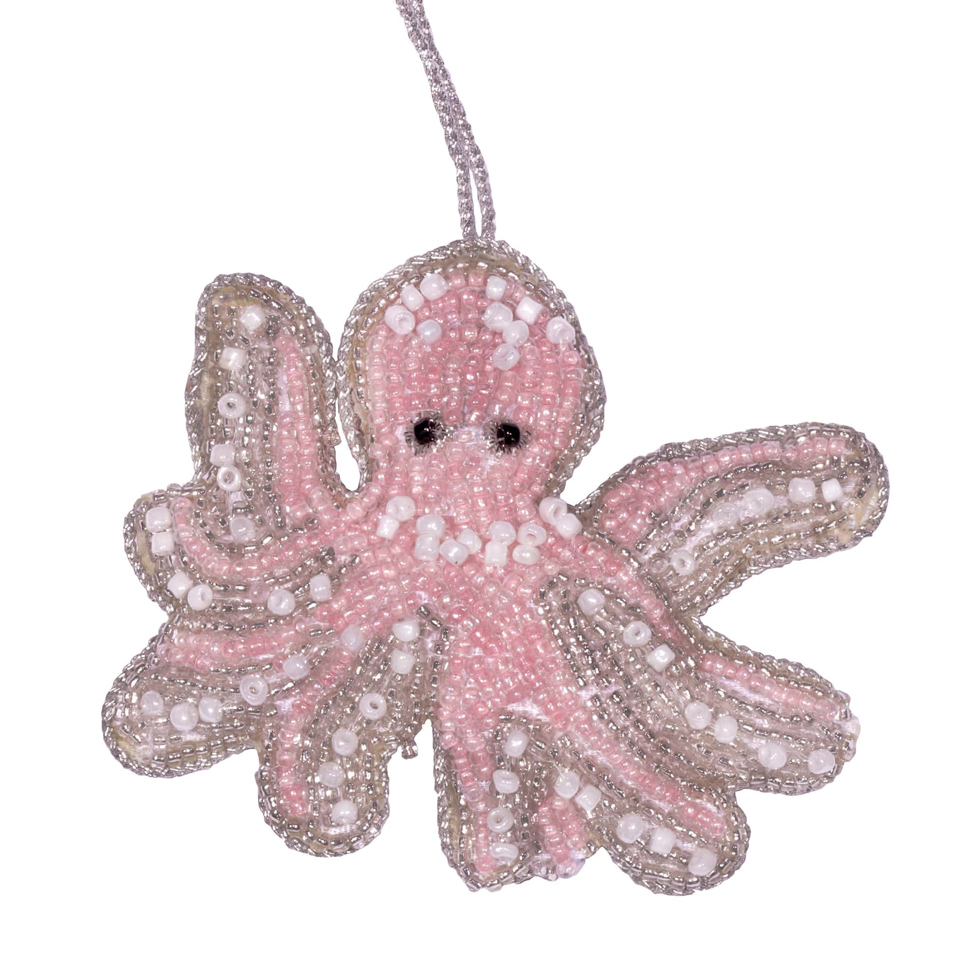 A delicate pink octopus ornament, beautifully handcrafted with shimmering beads and pearls. The octopus features intricate detailing, with soft pink and white beads outlining its tentacles, and black beaded eyes adding a touch of charm. Surrounded by silver beaded edges, this decoration captures the whimsy and beauty of marine life.