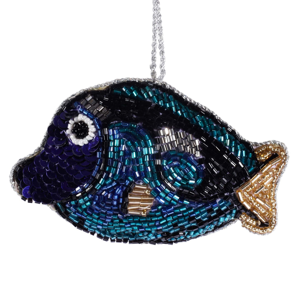 beaded christmas decoration in the shape of a fish with multi blue beads and gold fin and tail