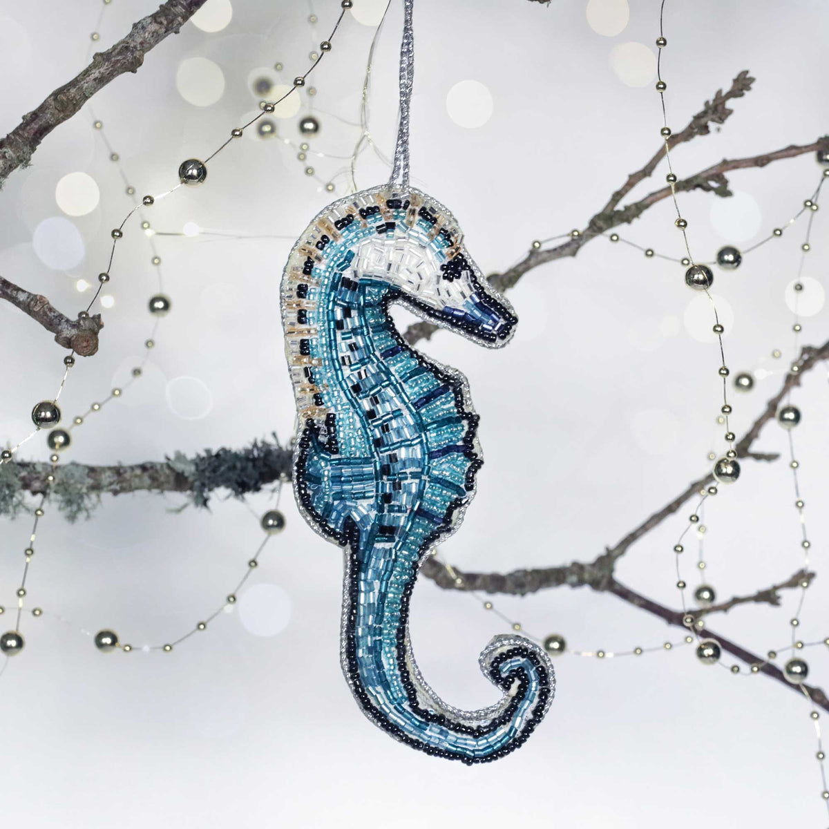 Beaded Blue Seahorse Hanging Decoration