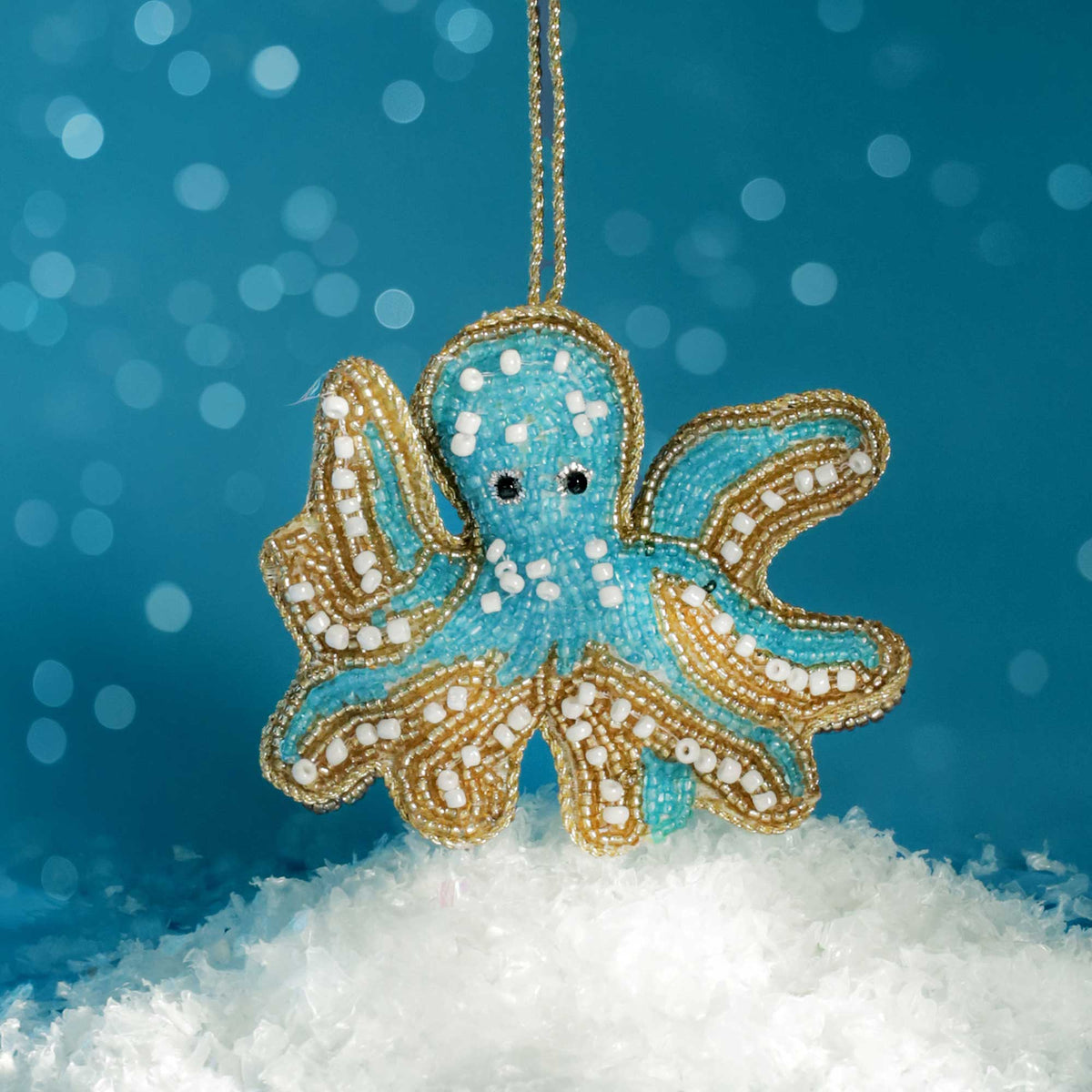 Beaded Blue & Gold Octopus Hanging Decoration