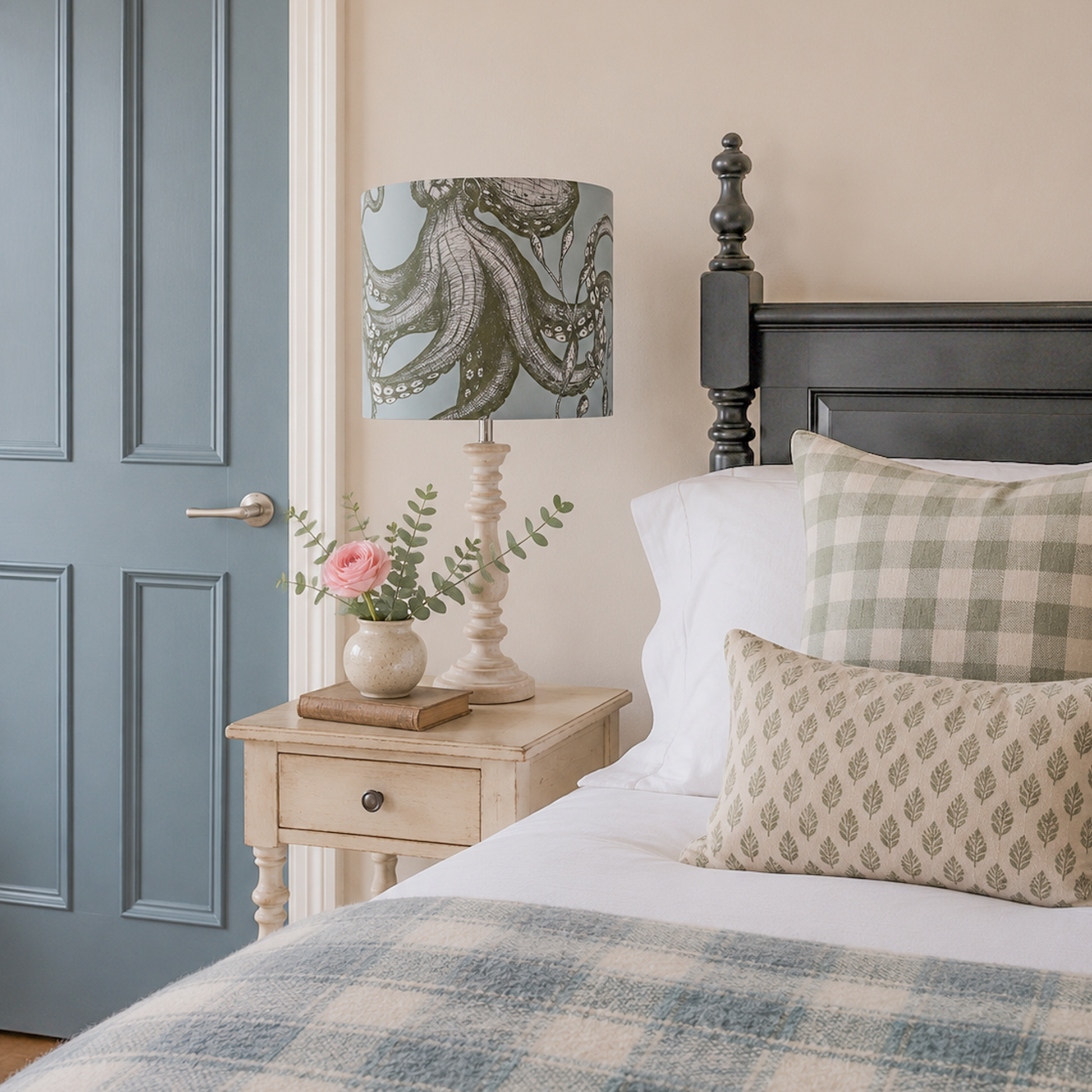 Bedroom with a bed featuring checkered bedding and patterned pillows, a nightstand with a lamp and vase, and a gray door.