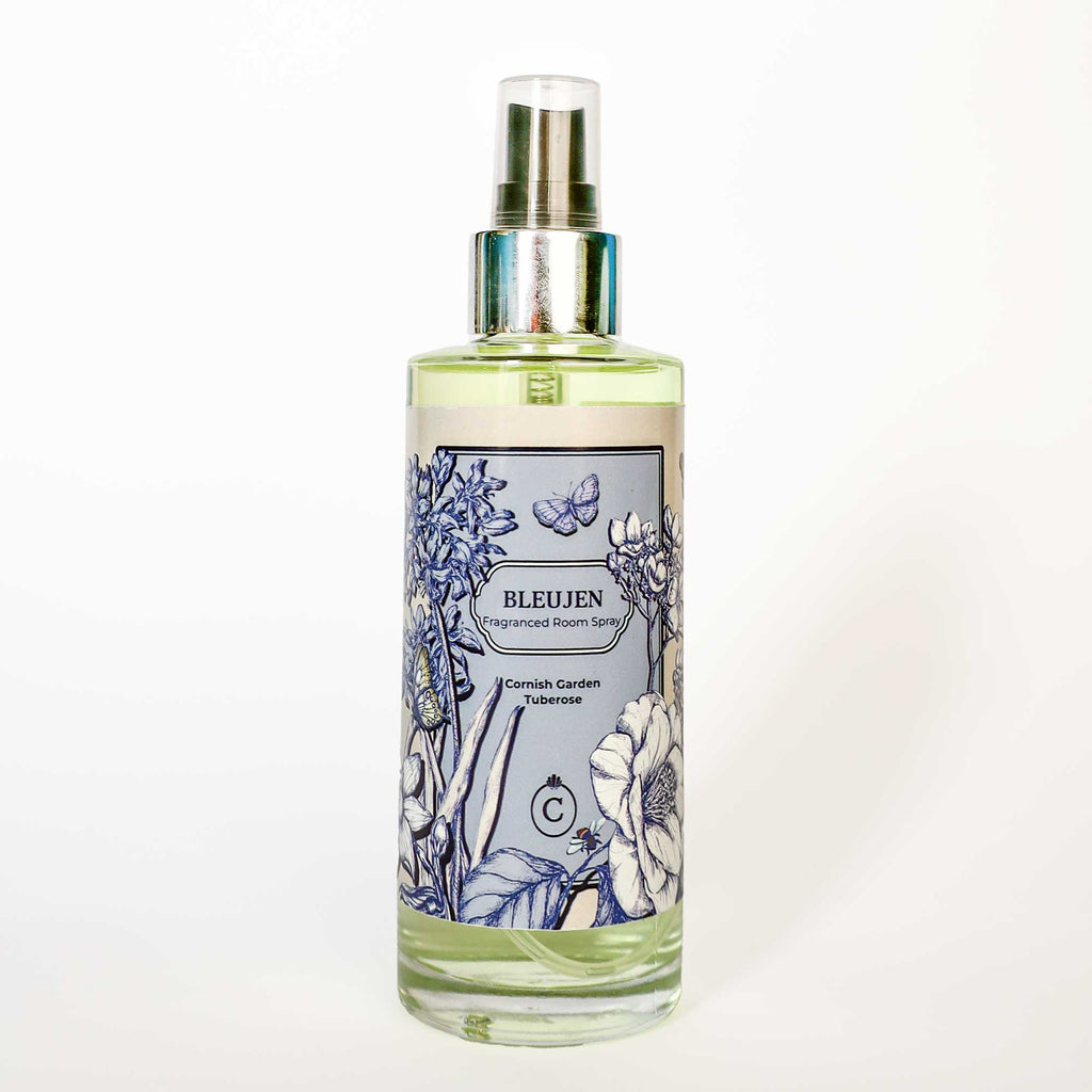 Cream Cornwall Bleujen fragranced room spray with blue botanical illustrations, featuring a Cornish garden tuberose fragrance in a clear glass bottle.