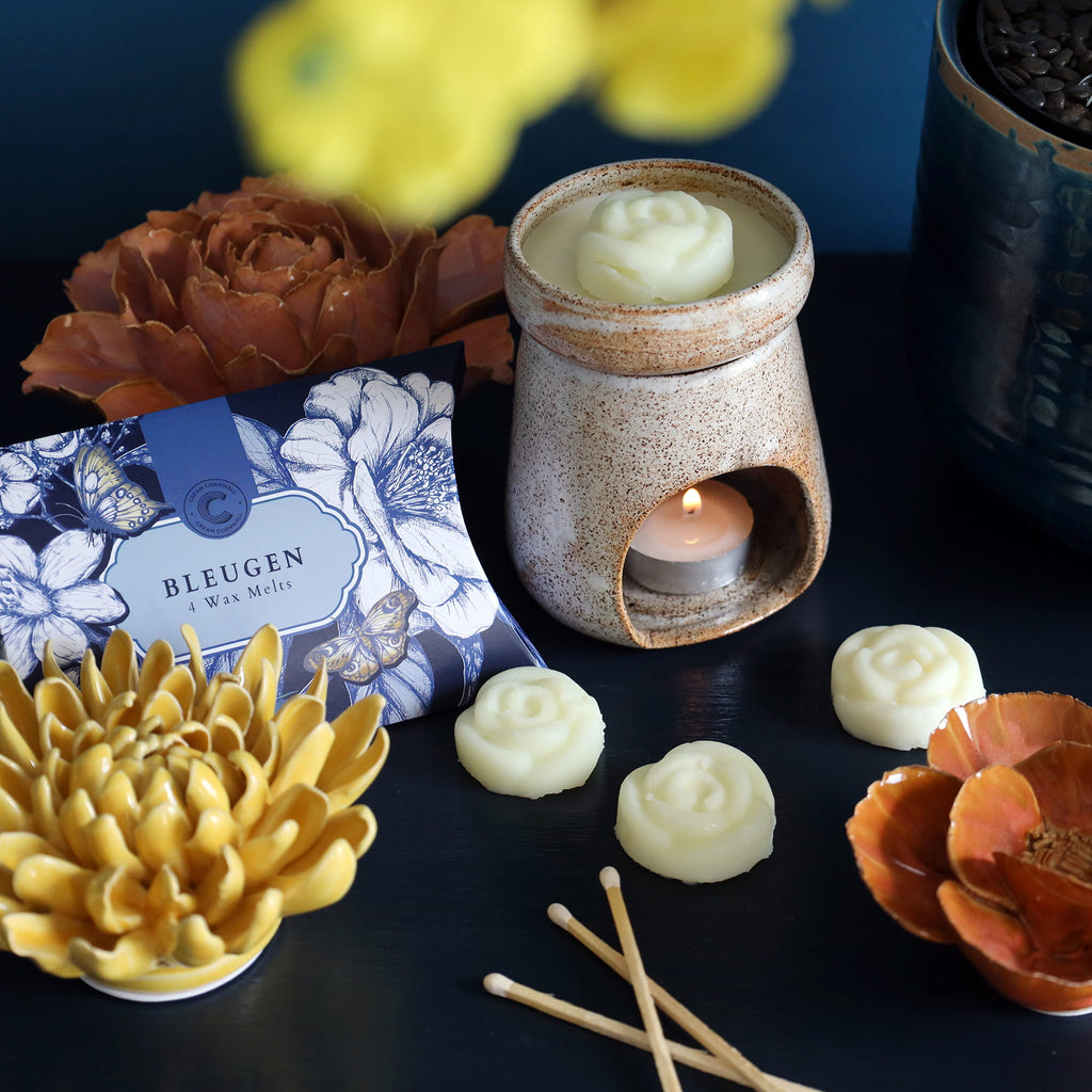 Aromatherapy diffuser with wax melts and decorative flowers on a dark surface