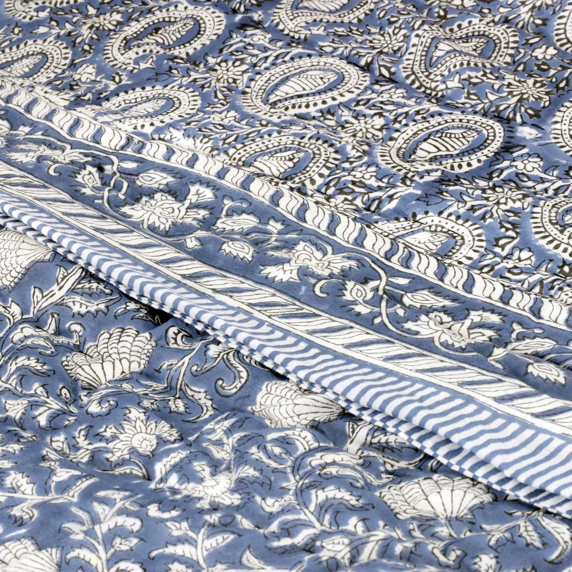 Close-up of a blue quilt showcasing intricate block print designs, including paisley, floral, and seashell patterns. The quilt features striped and floral borders, highlighting its detailed craftsmanship.