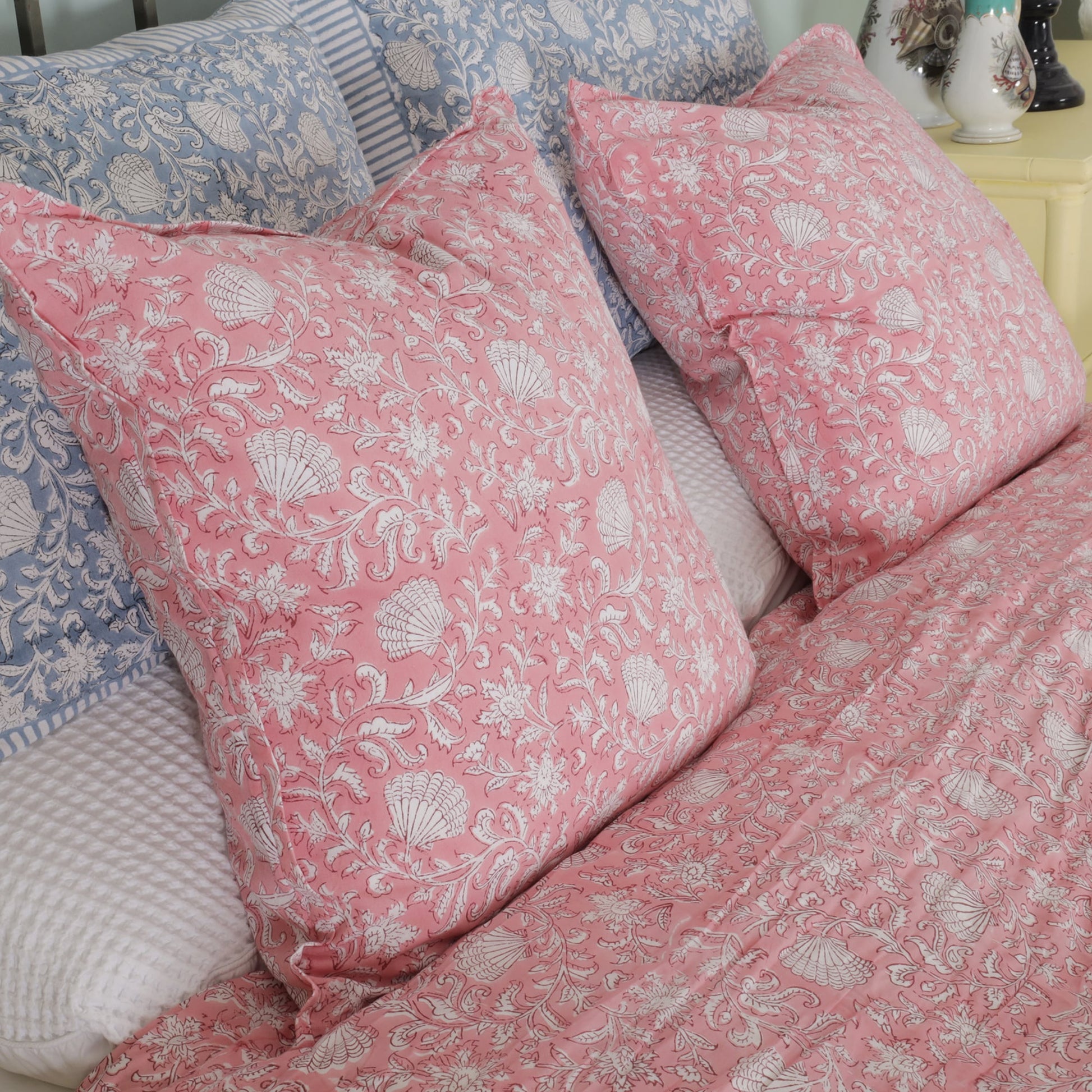 Luxury Coastal Jaipur Rose Block Printed Cushion Cream Cornwall