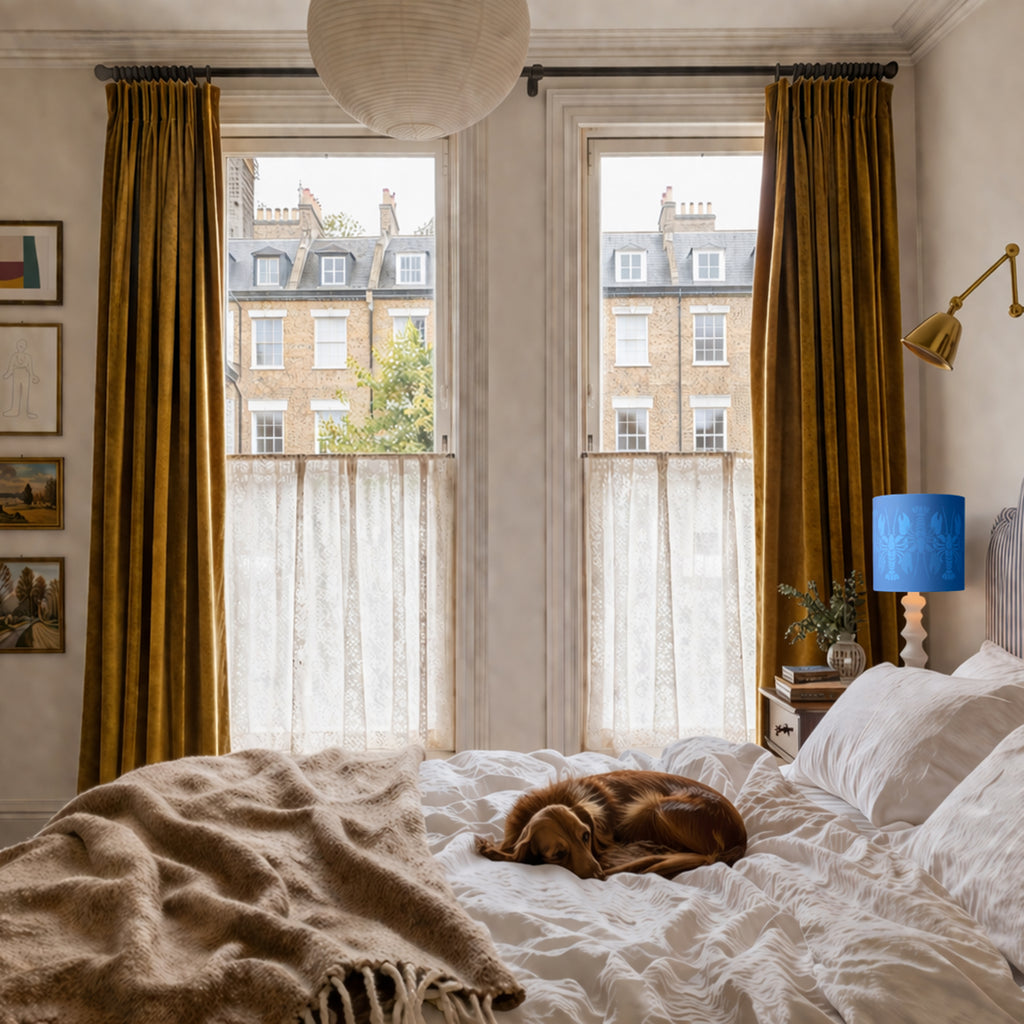 Cozy bedroom with large windows, curtains, and a dog resting on the bed.