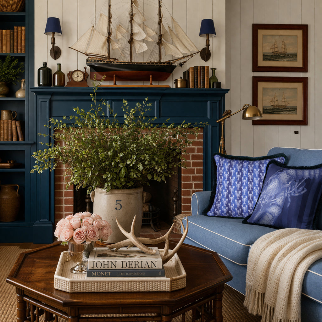 Cozy living room with blue sofa, wooden coffee table, and decorative elements.