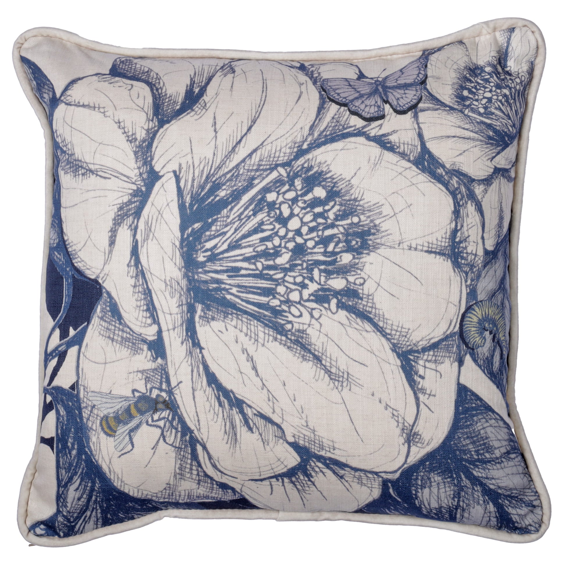 Decorative pillow with blue camelia floral pattern on a white background.