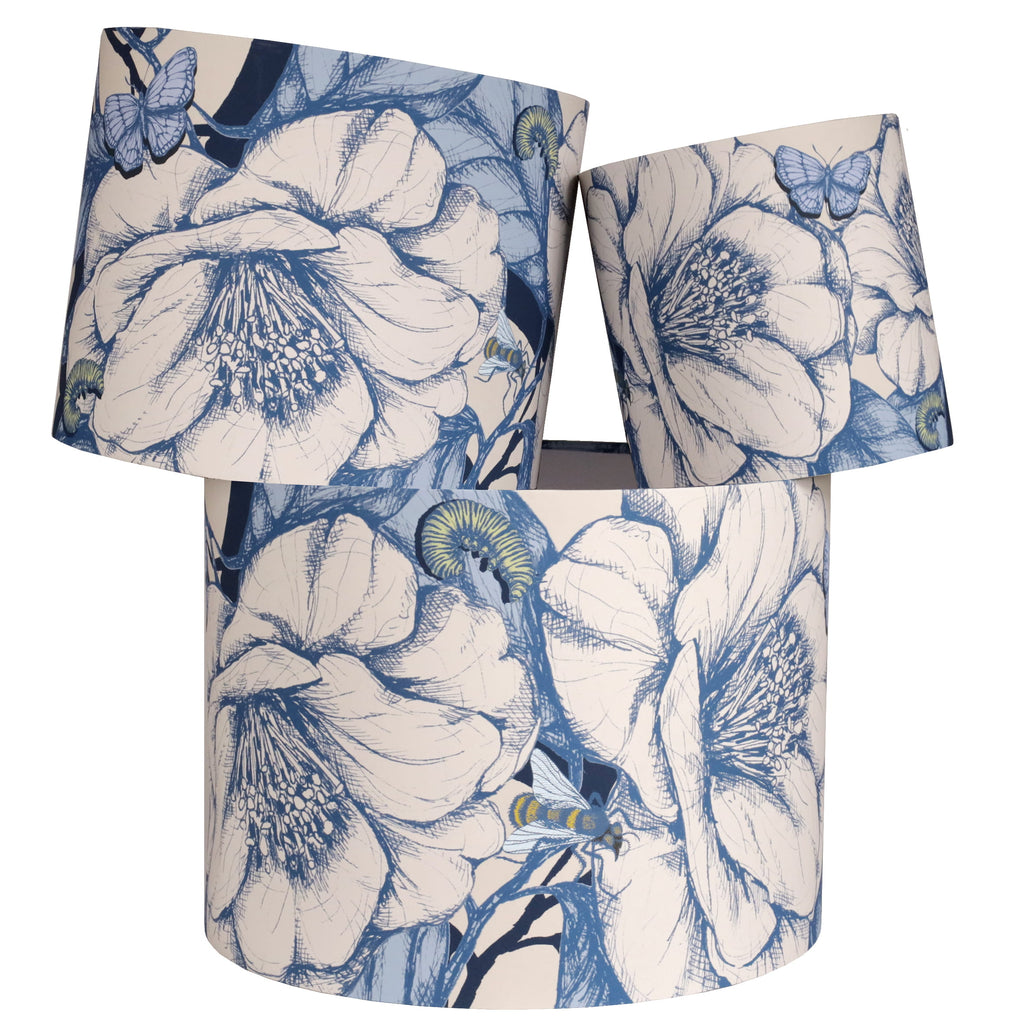 Floral camelia and butterfly patterned lampshade in 3 sizes on a white background