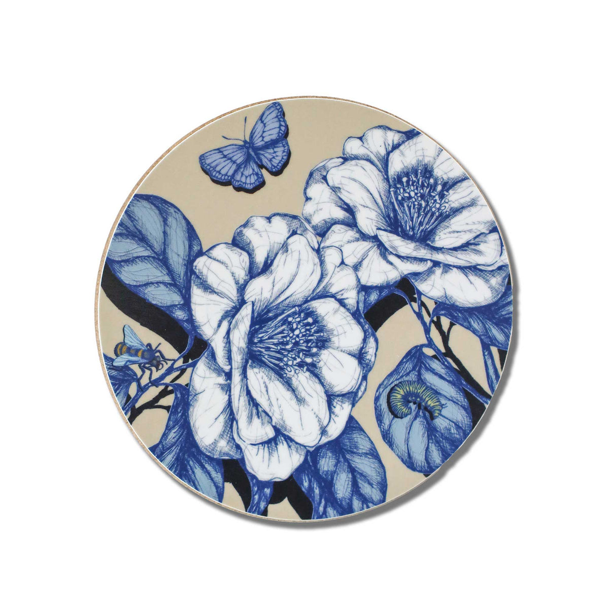 
Cream Cornwall round botanical coaster featuring intricate blue and white floral illustrations, delicate blue butterflies, a bee and lush foliage on a soft cream background, inspired by the beauty of nature.
