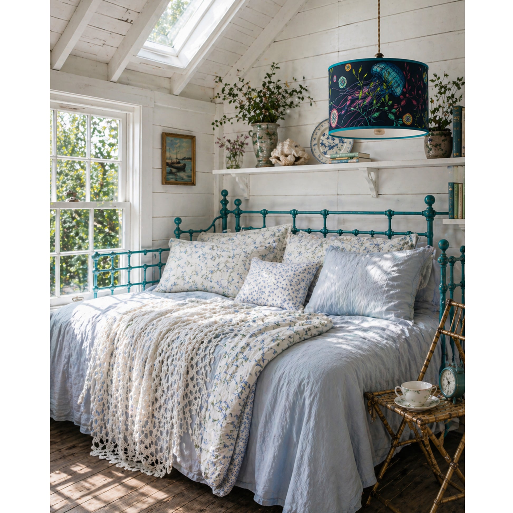 Cozy bedroom with teal bed frame, white bedding, and decorative pillows.